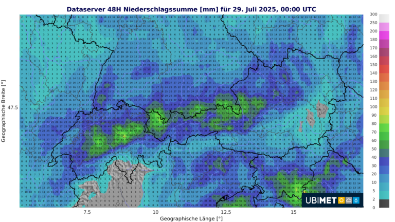 Prognostizierte Niederschlagsmenge für Sonntag und Montag in l/m²