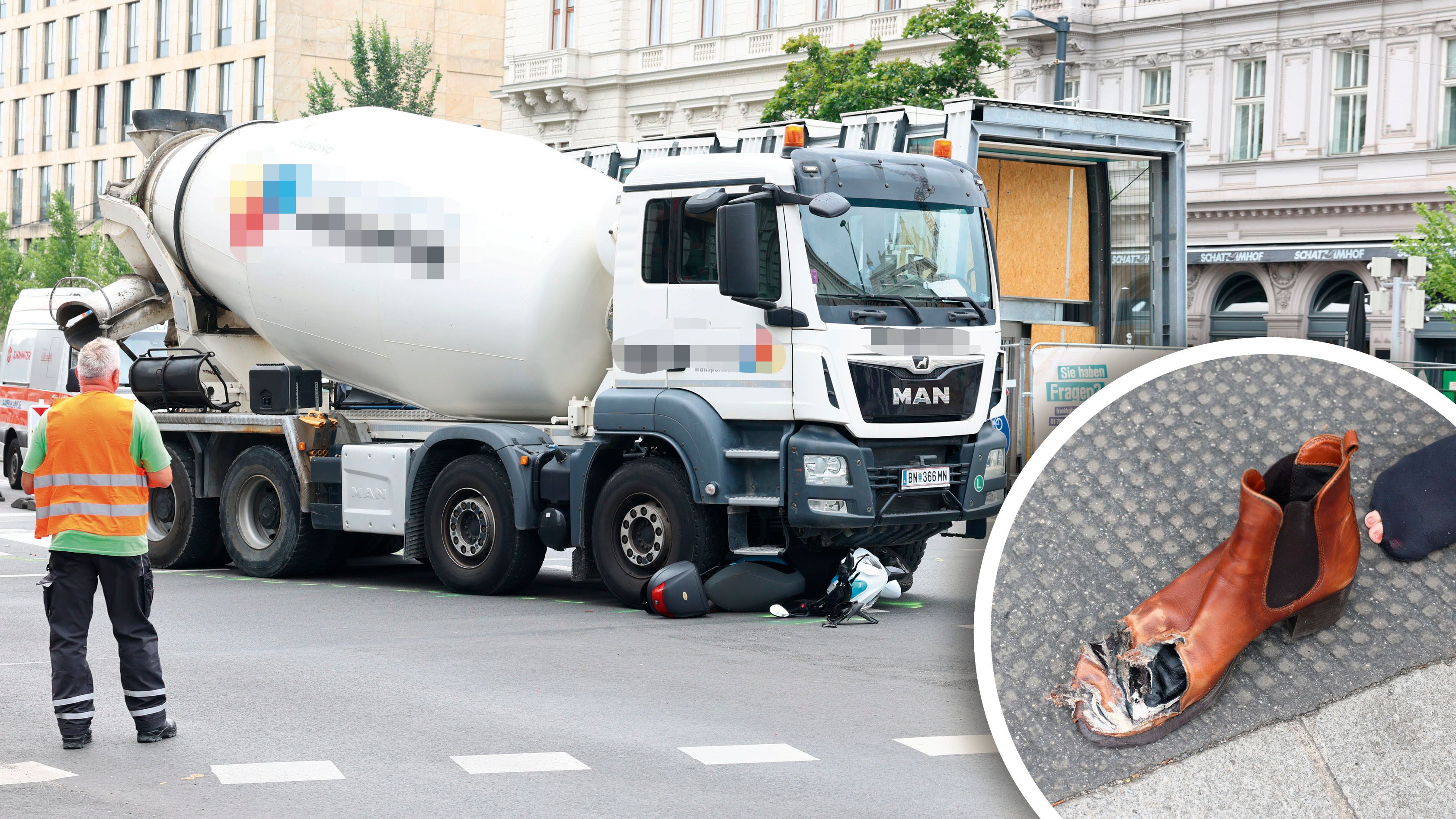 In der Wiener Innenstadt überrollte ein Betonmischer einen Roller – und erwischte auch den rechten Fuß der Mopedfahrerin.