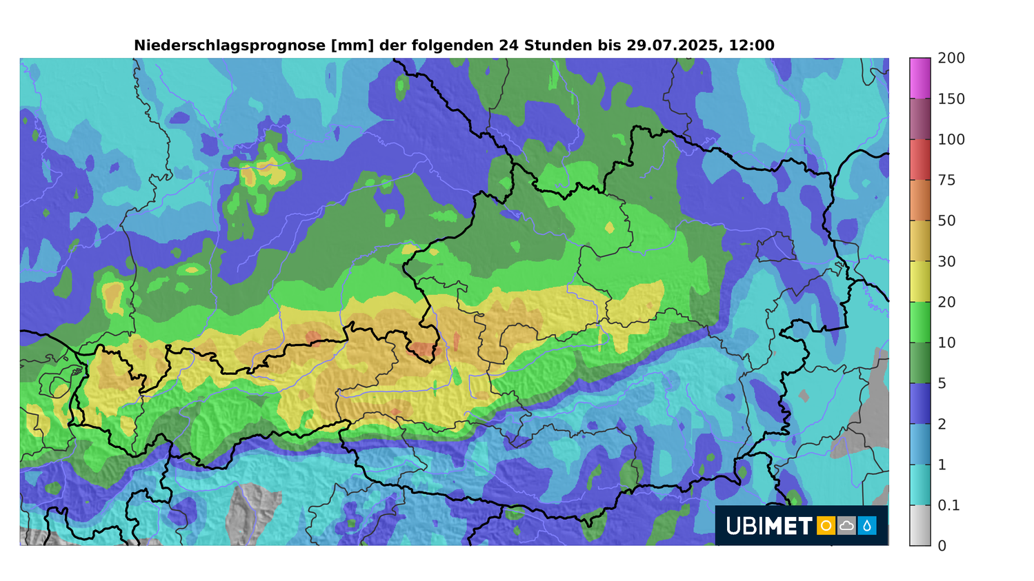 Wo in den kommenden Stunden mit großen Niederschlagsmengen zu rechnen ist. 