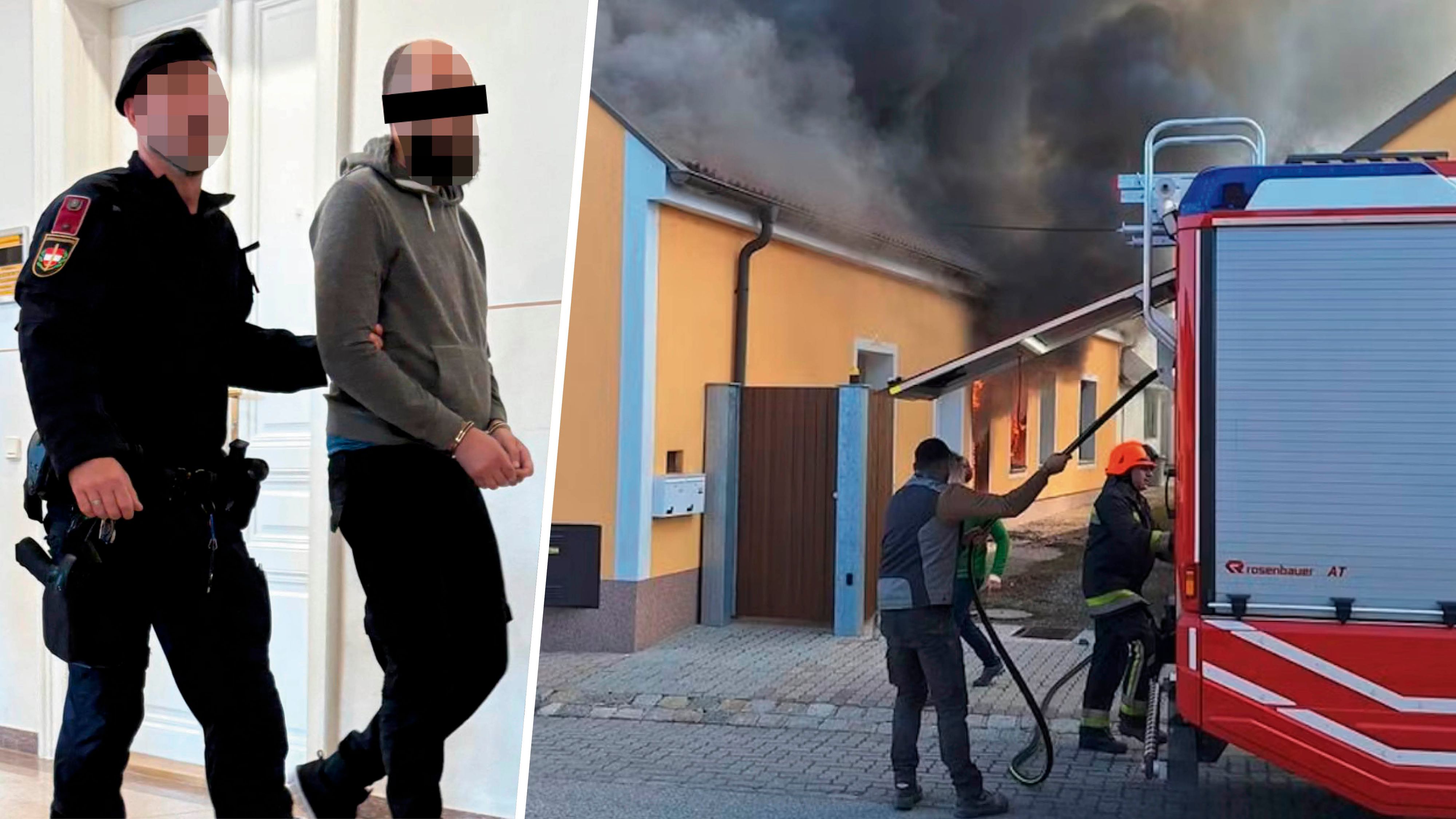 Angeklagter beim Prozess; Feuer in Wohnung – die Feuerwehr musste löschen, konnte ein Ausbreiten der Flammen verhindern.