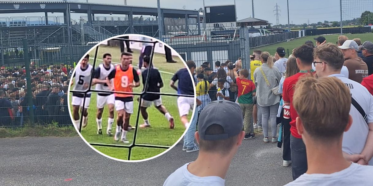 Der Ansturm in Grödig ist groß. Alle strömen zum Ronaldo-Match. Dieser wärmt mit einem orangen Sonder-Trikot auf.