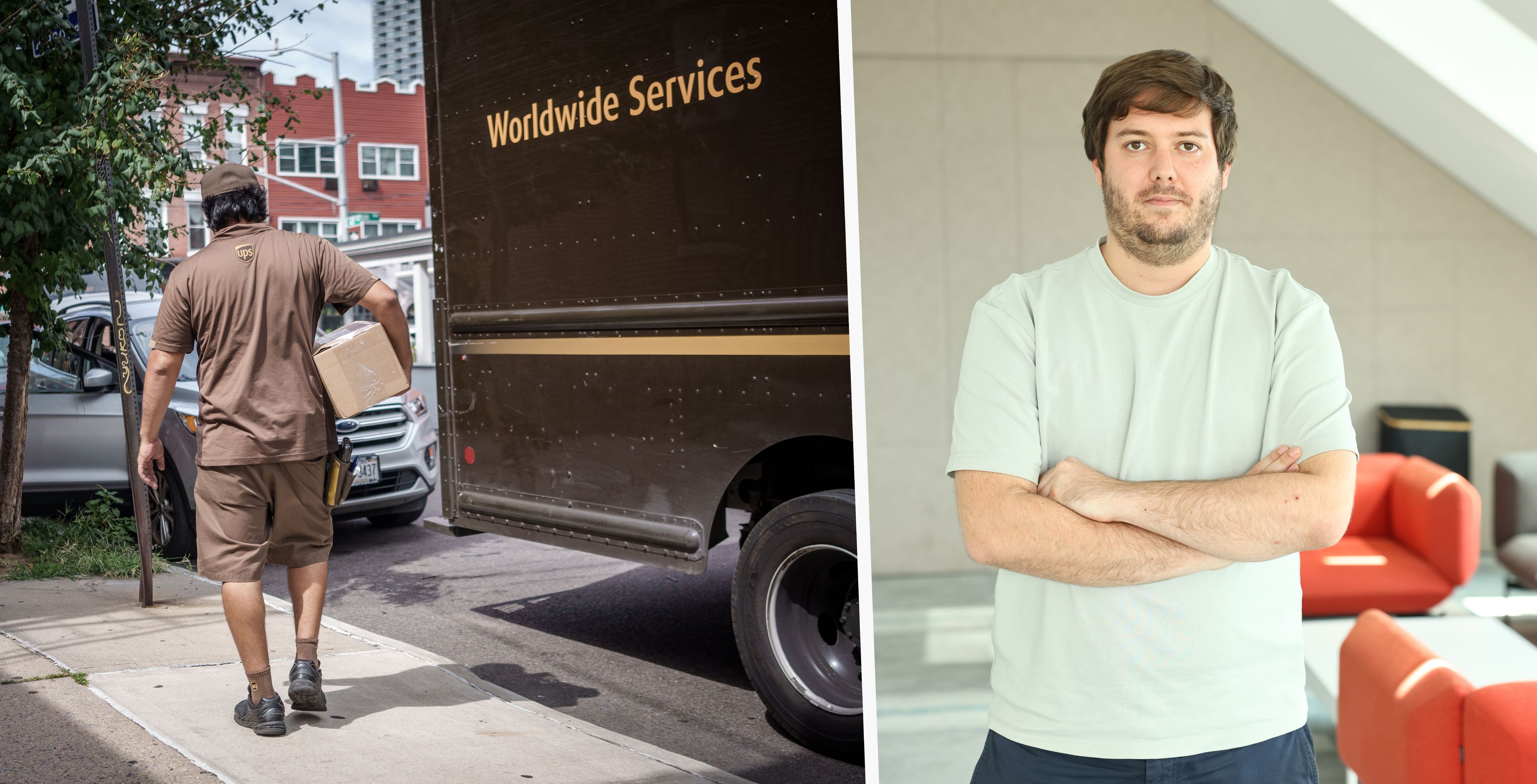 Links: Ein UPS-Zusteller trägt ein Paket zur Auslieferung. Rechts: 