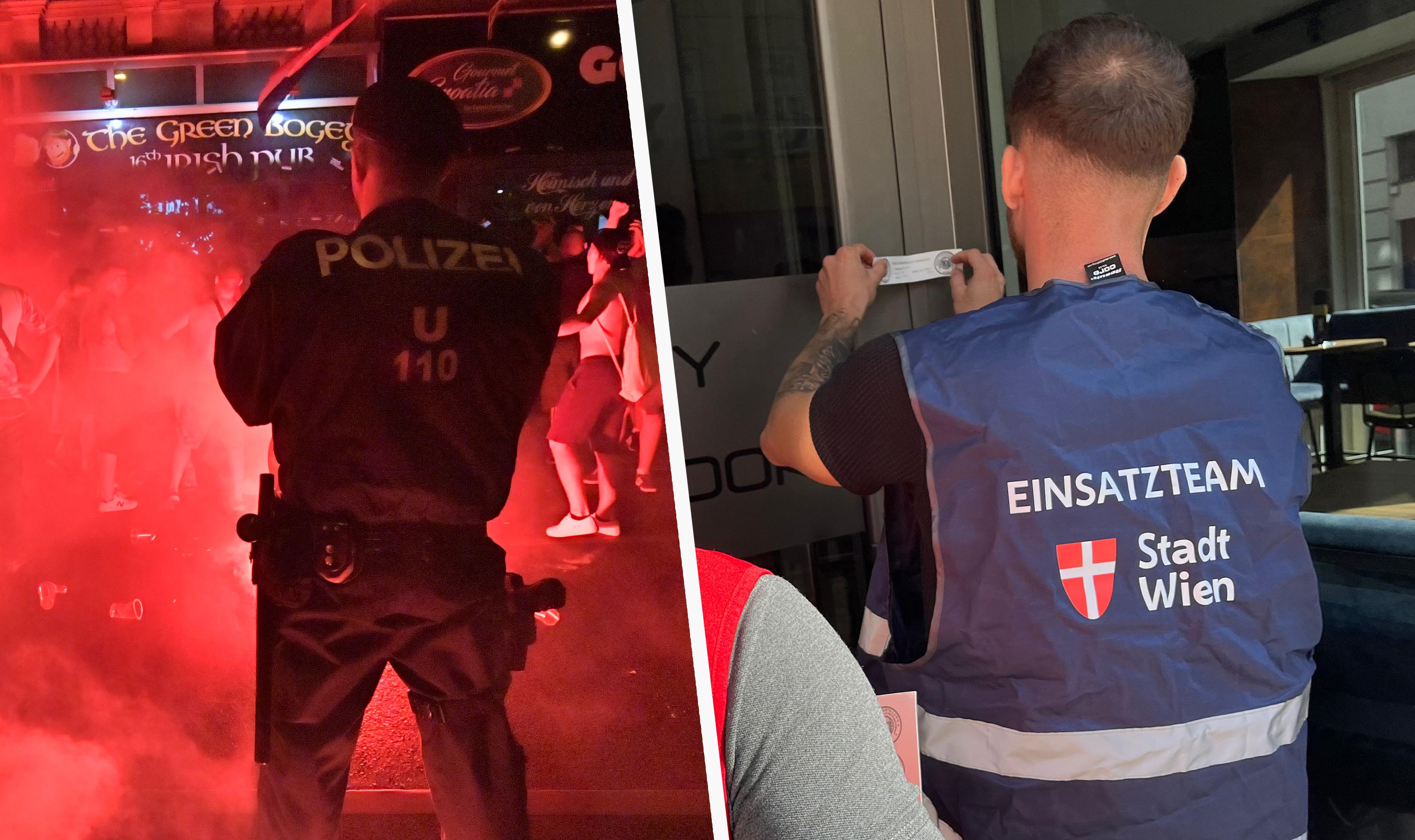 Links: Polizei bei einem früheren Einsatz vor dem Lokal – Pyro und Fan-Wirbel inklusive. Rechts: Die Stadt versiegelt das 