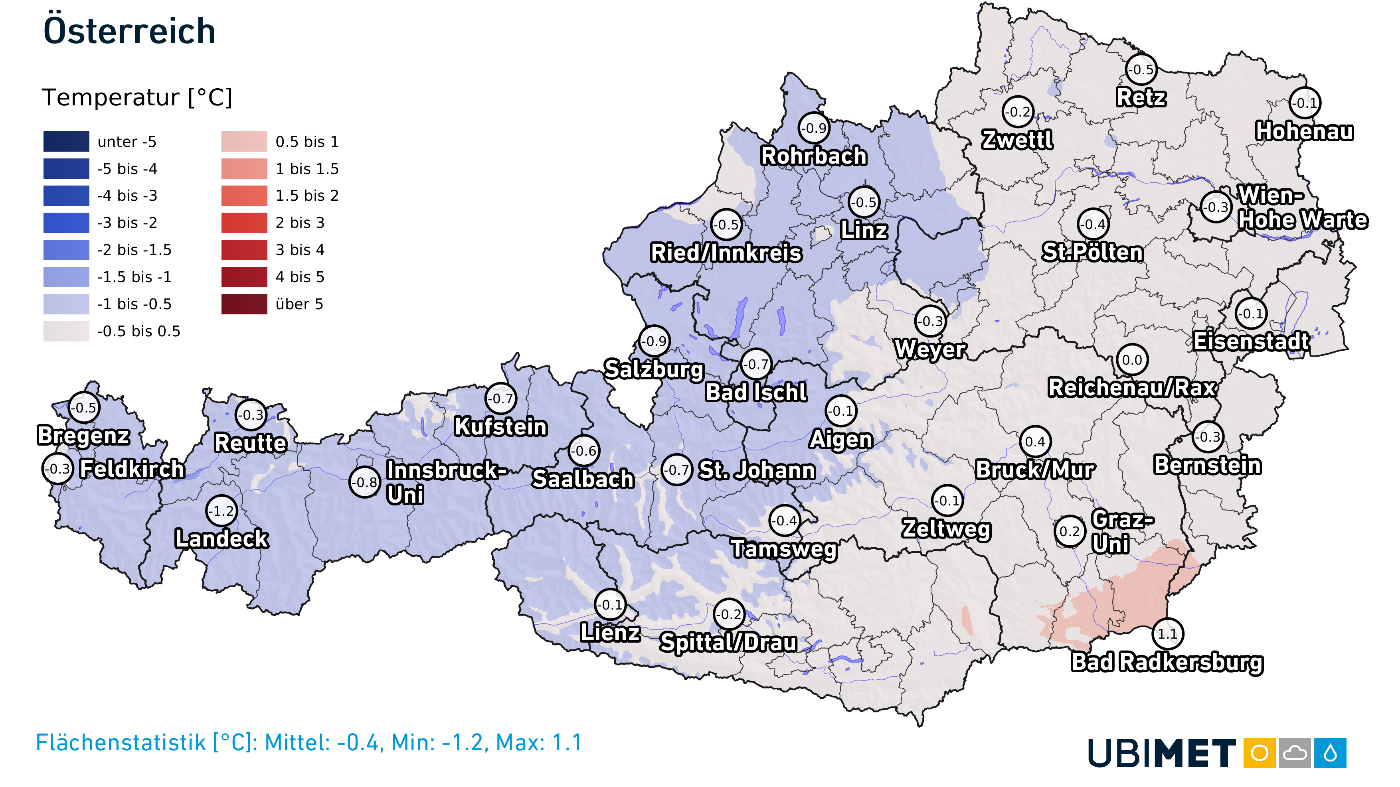 Temperaturabweichung vom Klimamittel im Juli 2025.
