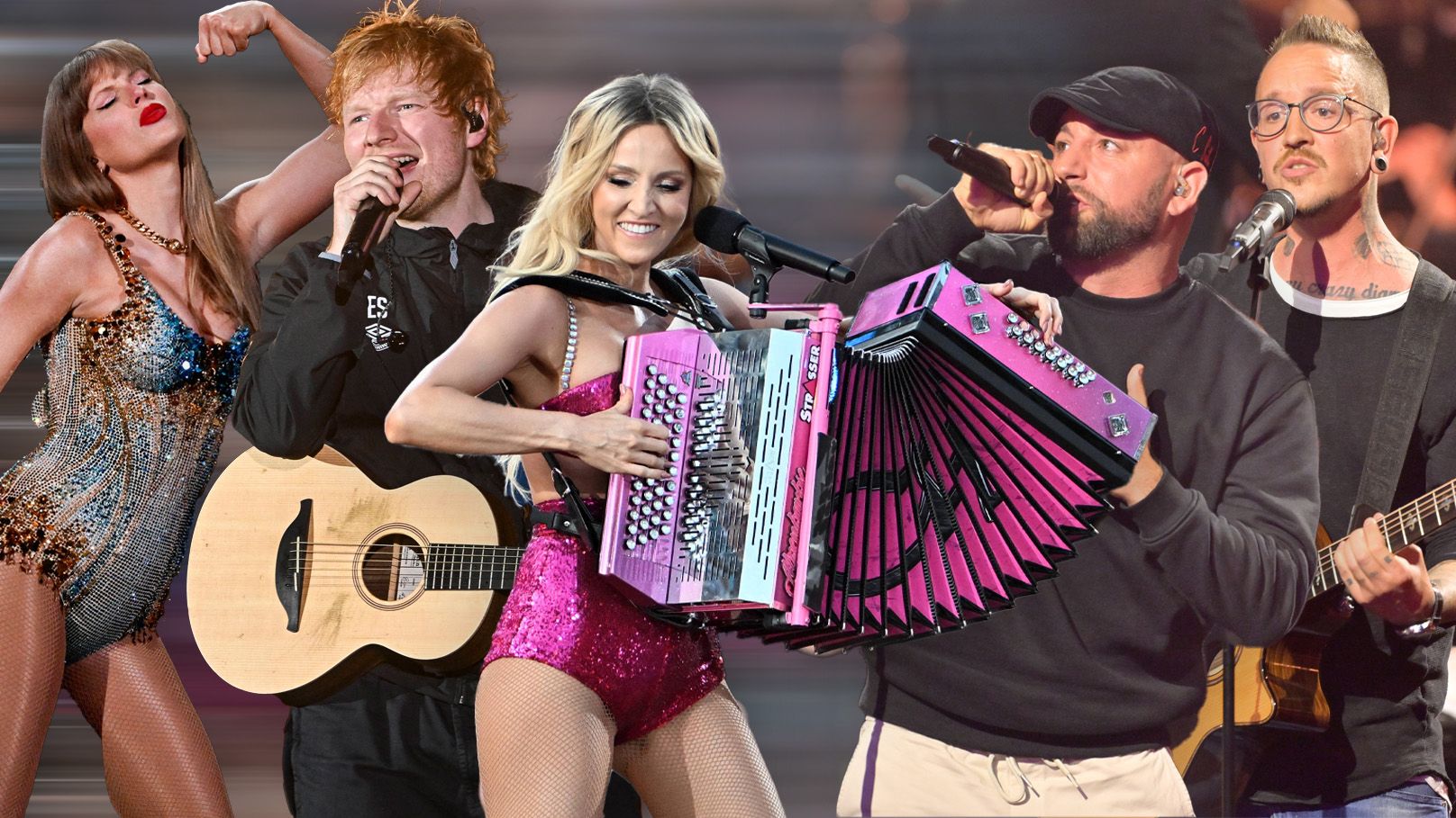Die Erwartungen an weibliche und männliche Popstars scheinen unterschiedlich zu sein. (Im Bild: Taylor Swift, Ed Sheeran, Melissa Naschenweng, Seiler & Speer)