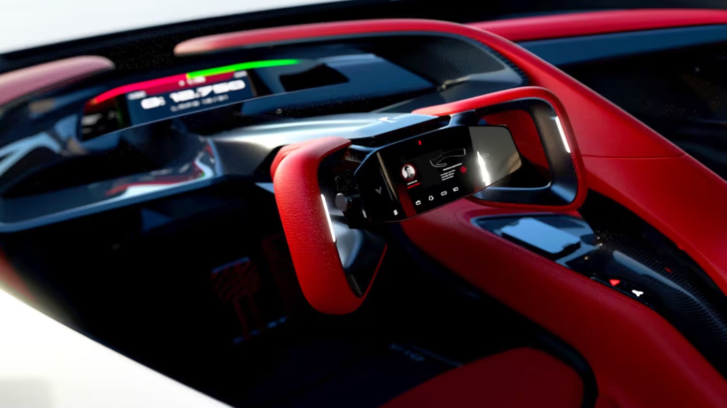 Das Cockpit mit Yoke-Lenkrad ist minimalistisch gestaltet und sportlich eingerichtet.