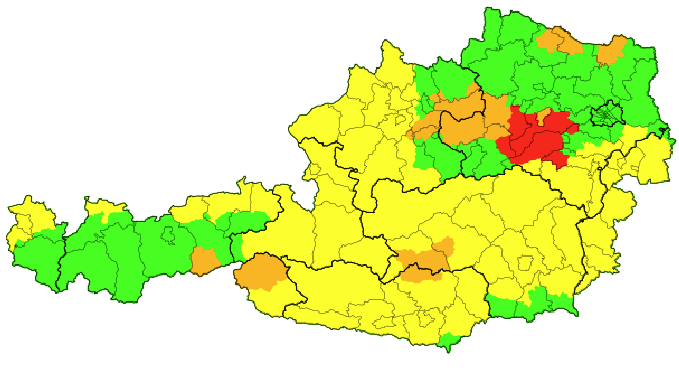 Die aktuellen Hagelgewitter-Warnungen (orange, rot), Vorwarnungen in Gelb. Stand 13 Uhr.
