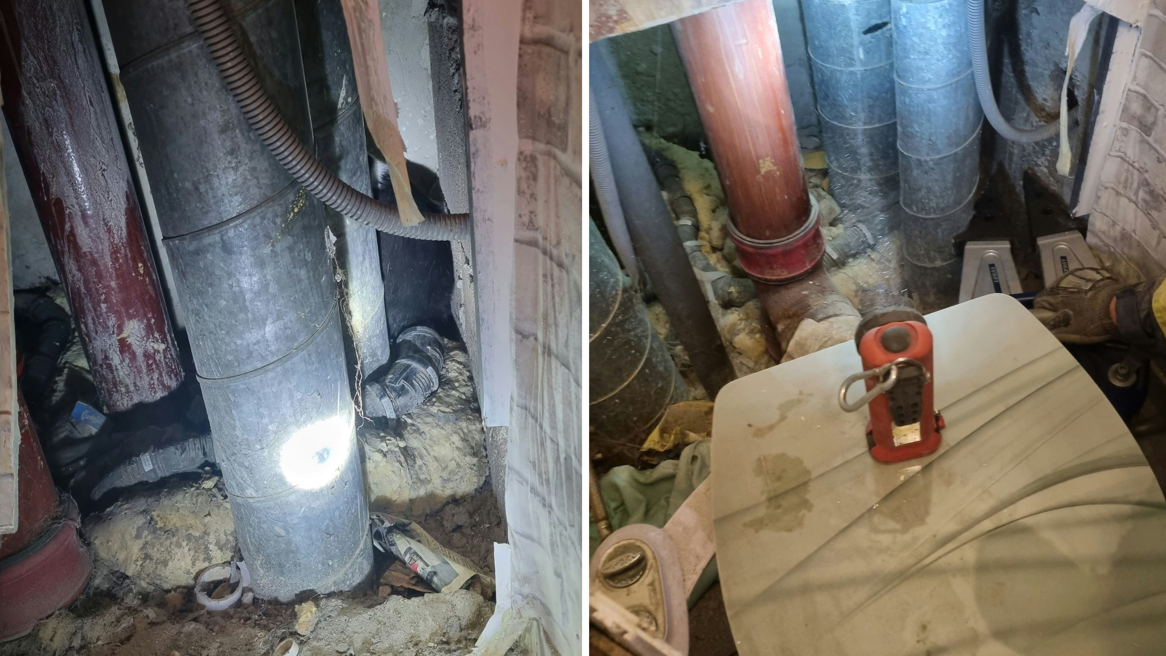 Die Feuerwehr musste das Loch vergrößern und die Rohre von der Wand wegdrücken.