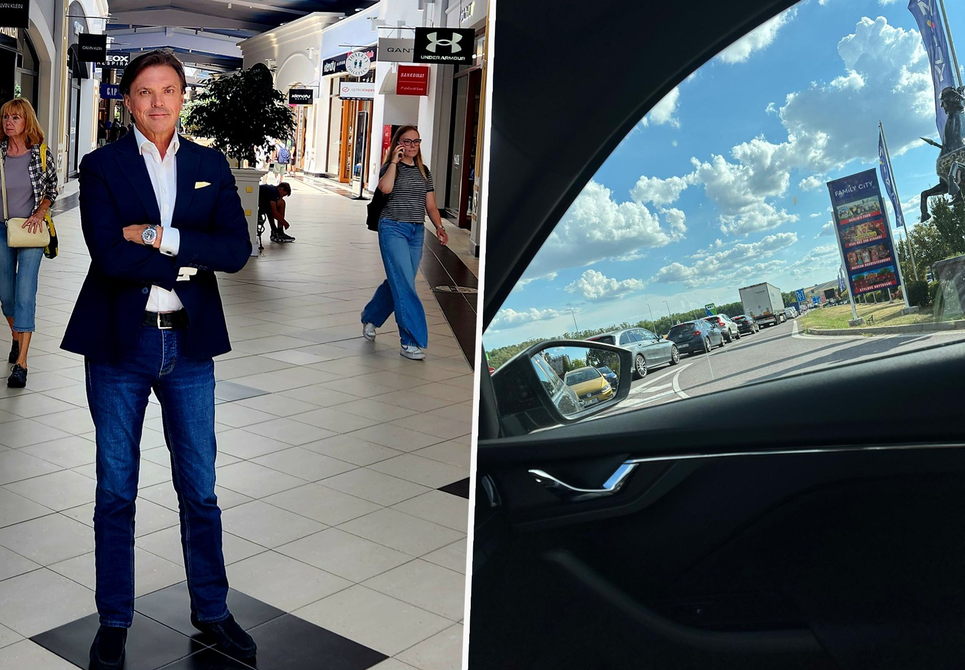 Freeport-Chef Thomas Seikmann (li.) sieht in den PKW-Kontrollen an der tschechischen Grenze (re.) eine Benachteiligung seines Outlet-Standorts.