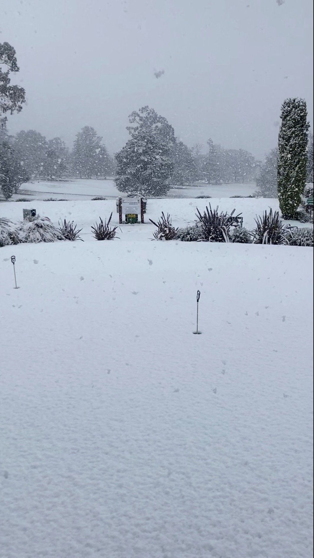 Schnee bedeckt das Gras auf einem Golfplatz in Armidale, New South Wales, Australien, am 2. August 2025