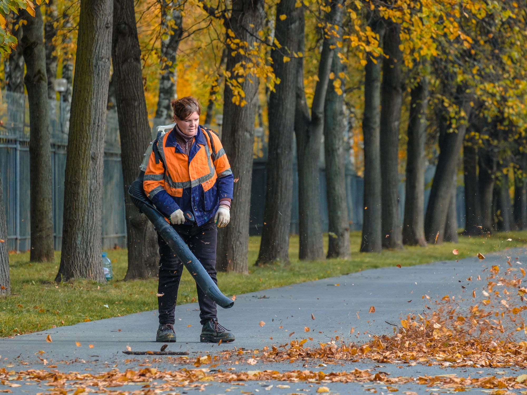 Eine Laubbläserin bei der Arbeit (Symbolbild)