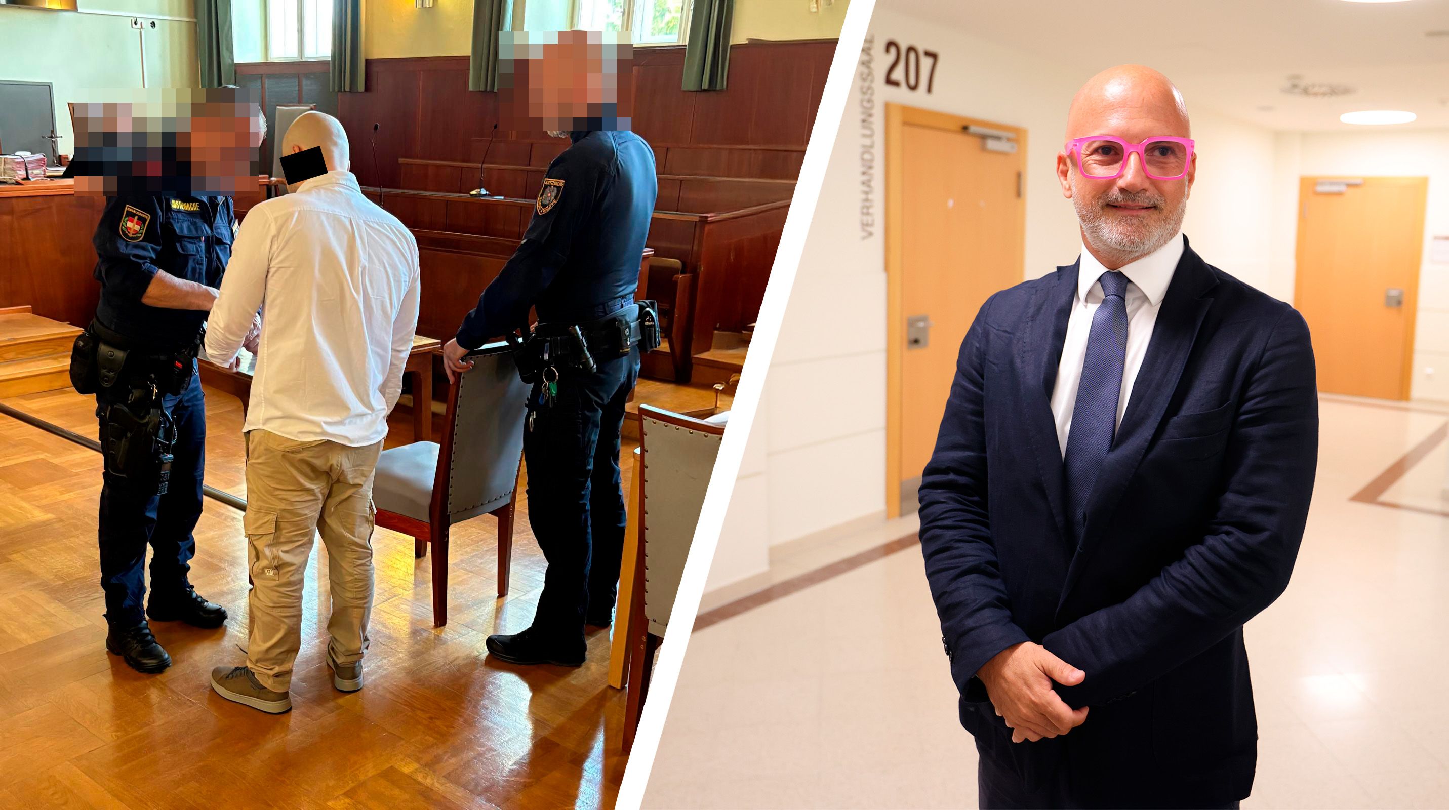 Der Angeklagte im Gerichtssaal in Wr. Neustadt – sein Anwalt Nikolaus Rast (r.)