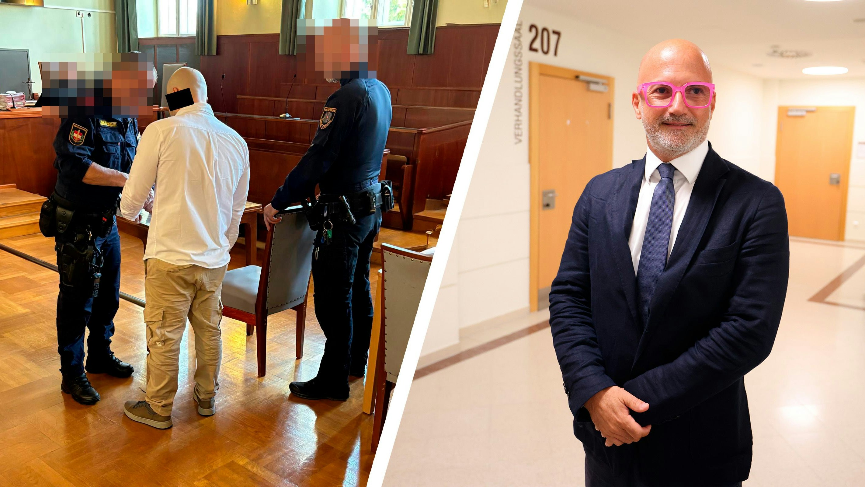 Der Angeklagte im Gerichtssaal in Wr. Neustadt – sein Anwalt Nikolaus Rast (r.)