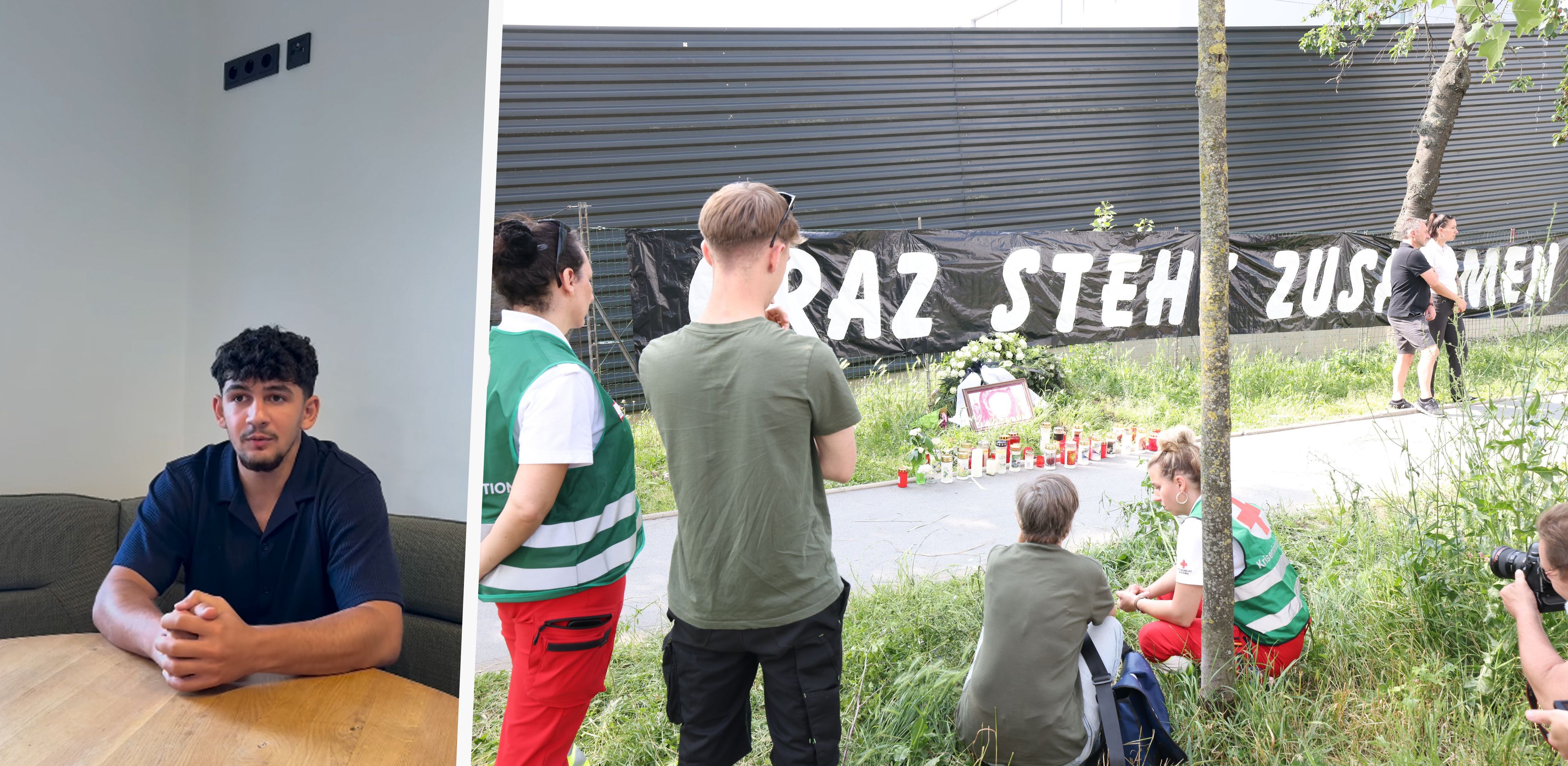 Links: Der zu Unrecht beschuldigte Südsteirer erhebt Klage.<br> Rechts: Trauernde gedenken der Opfer des Amoklaufs an einer Grazer Schule.