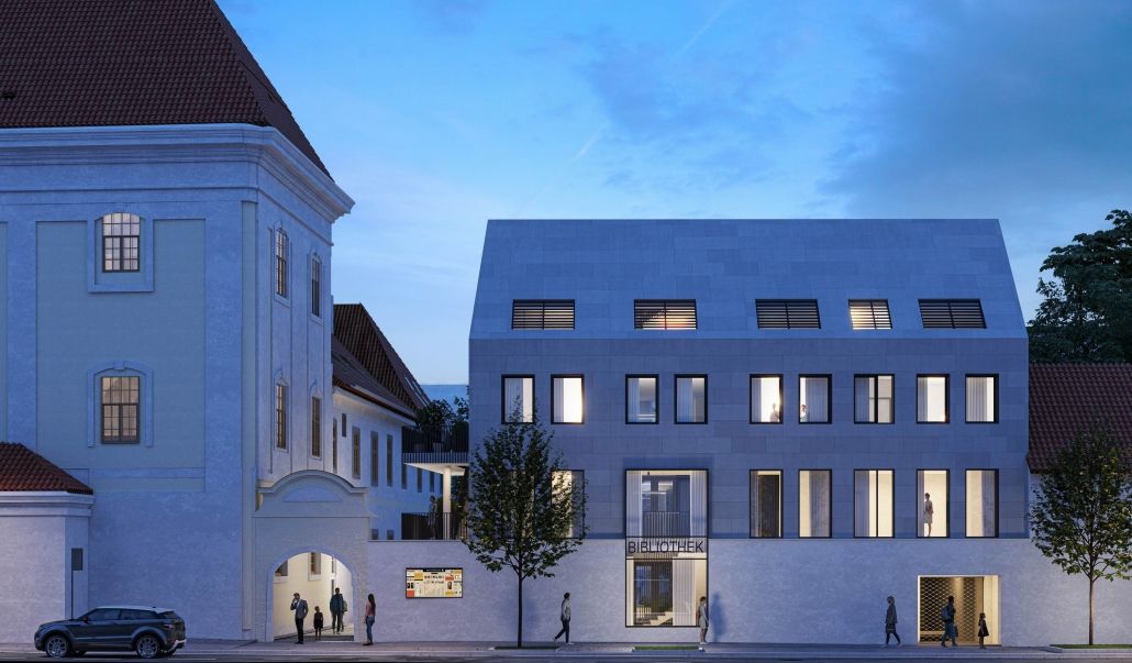 Visualisierung für den geplanten Umbau, inklusive neu errichteter Gebäudeteile in der Laaer Straße in Korneuburg.