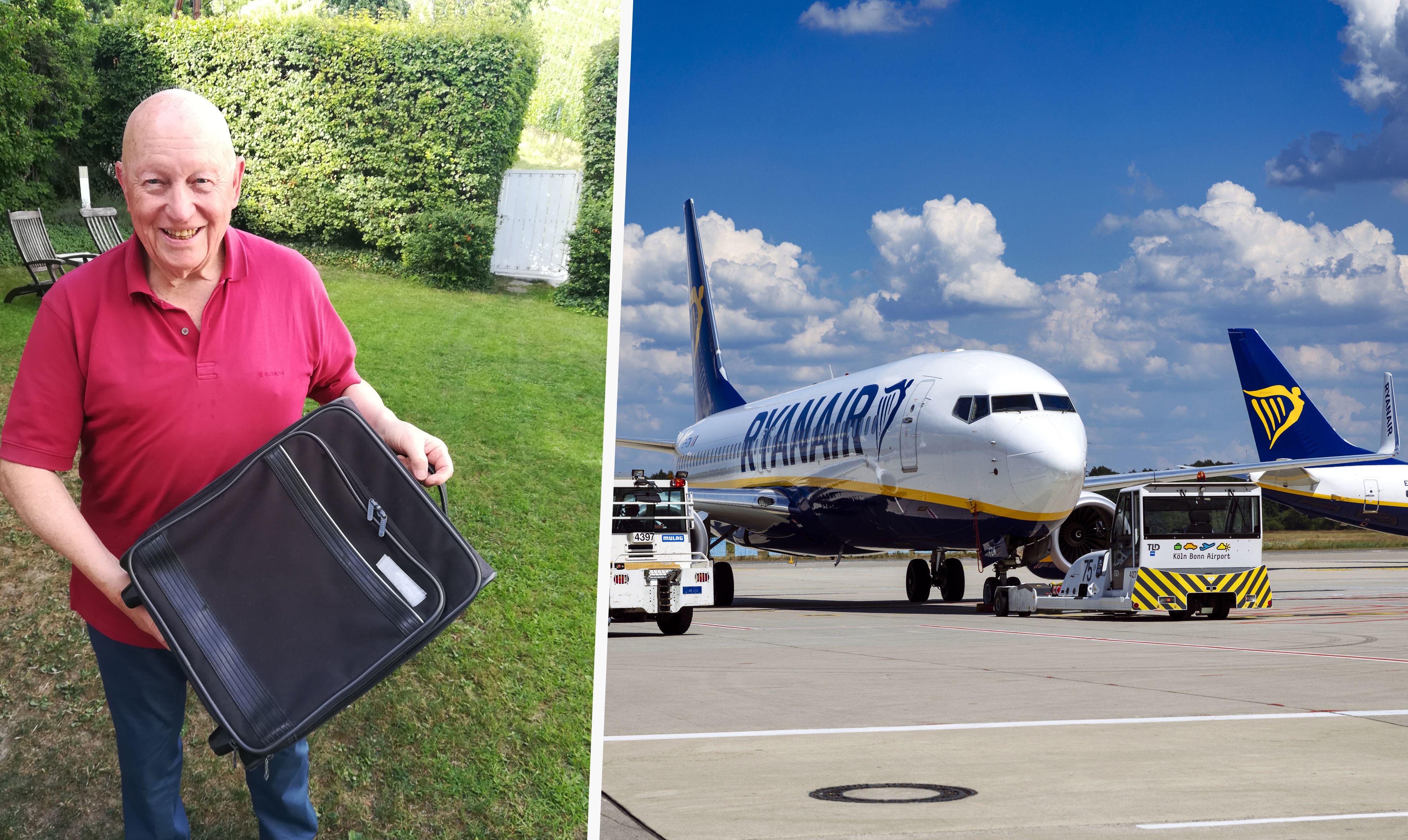 Sebastian Z. (77) zeigt seine Tasche, die laut Ryanair-Regeln als kostenloses Handgepäck gelten müsste – trotzdem musste er 60 € zahlen.