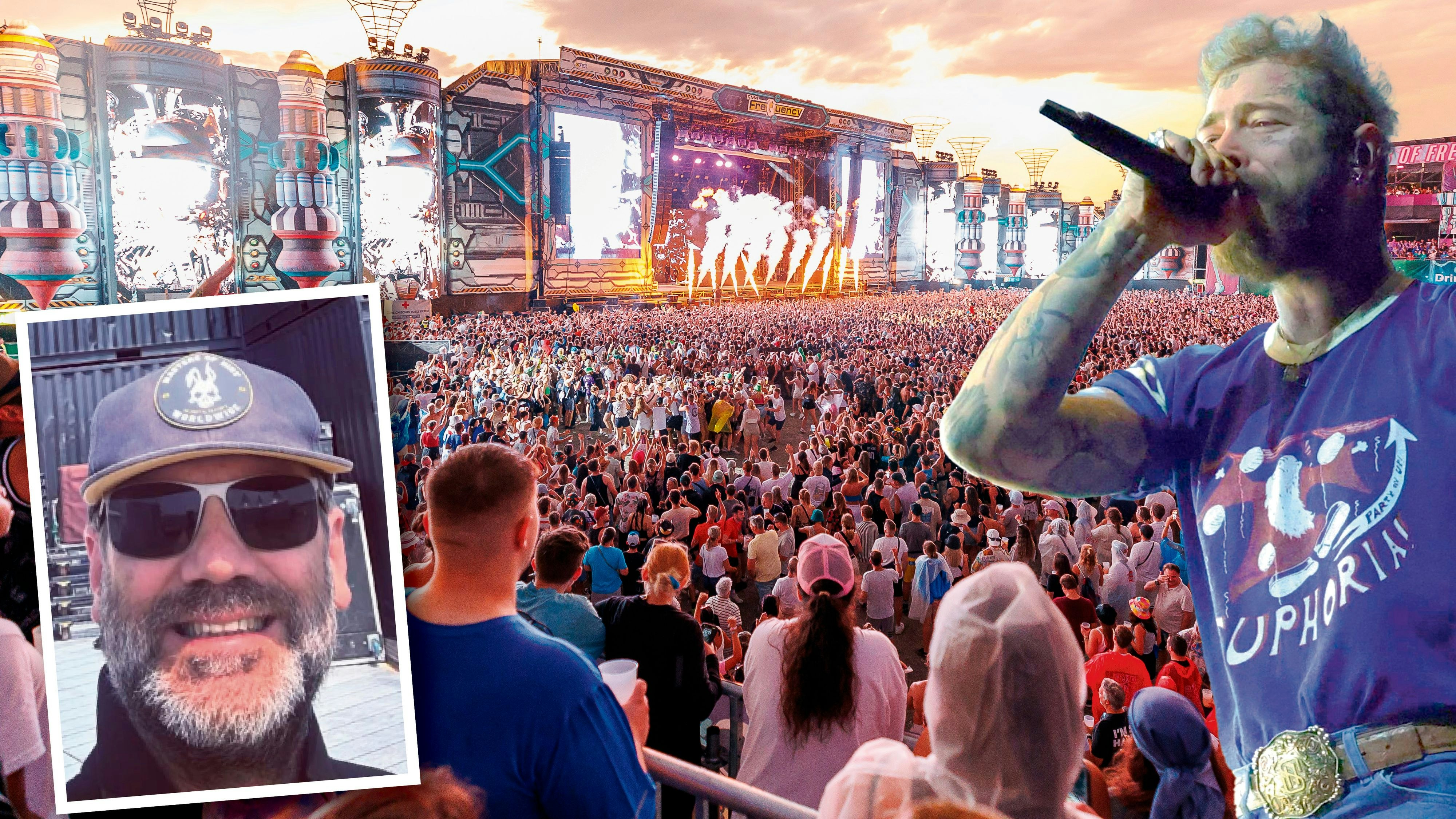Harry Jenner; Frequency-Aufnahme der Hauptbühne vom Vorjahr; heuer dabei: Post Malone (r.)