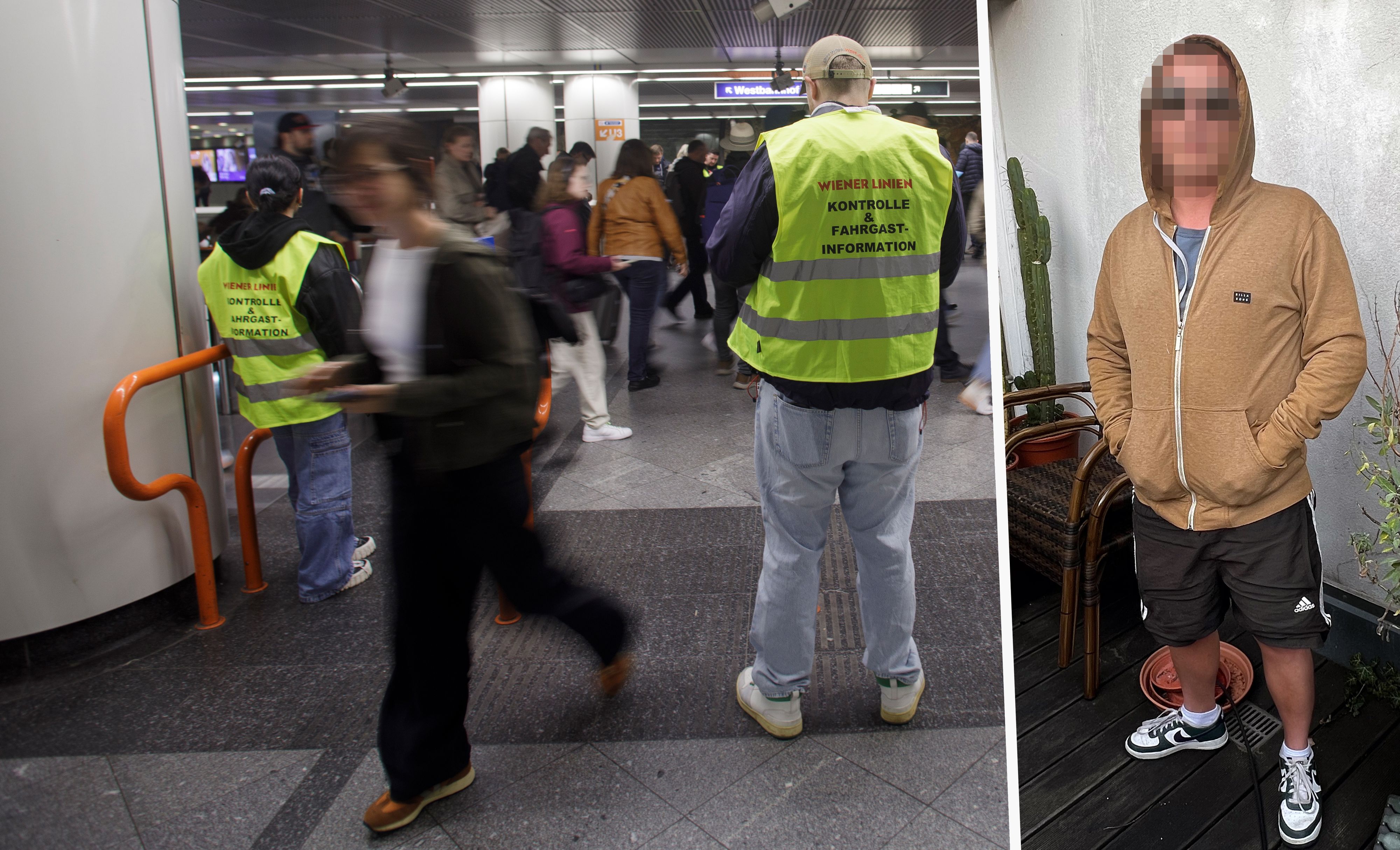 Links: Kontrolleure der Wiener Linien im Einsatz an einem stark frequentierten U-Bahn-Knotenpunkt. Rechts: Schwarzfahrer Max W. (30), der sich bewusst gegen ein Ticket entscheidet – aus finanziellen und politischen Gründen.