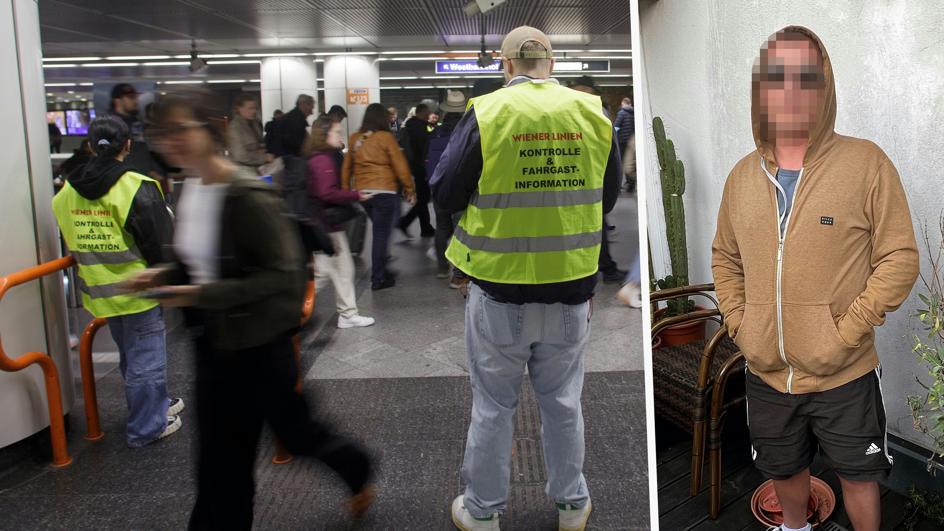 Links: Kontrolleure der Wiener Linien im Einsatz an einem stark frequentierten U-Bahn-Knotenpunkt. Rechts: Schwarzfahrer Max W. (30), der sich bewusst gegen ein Ticket entscheidet – aus finanziellen und politischen Gründen.