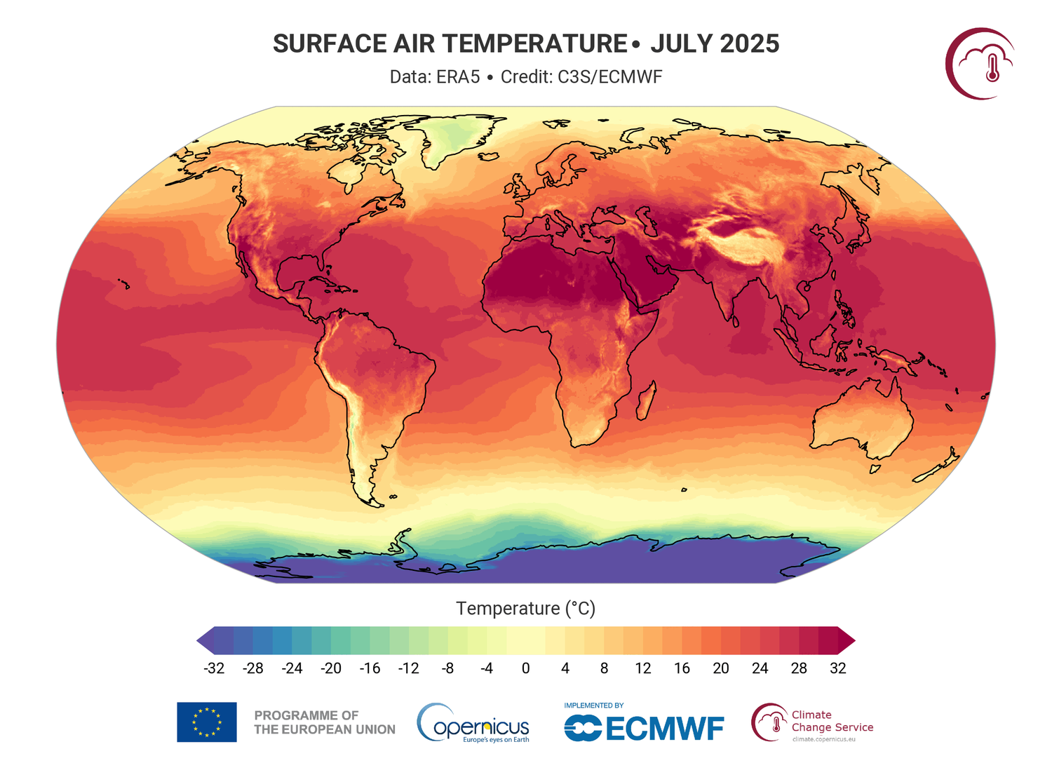 Die weltweite Oberflächentemperaturen im Juli 2025 in absoluten Werten.