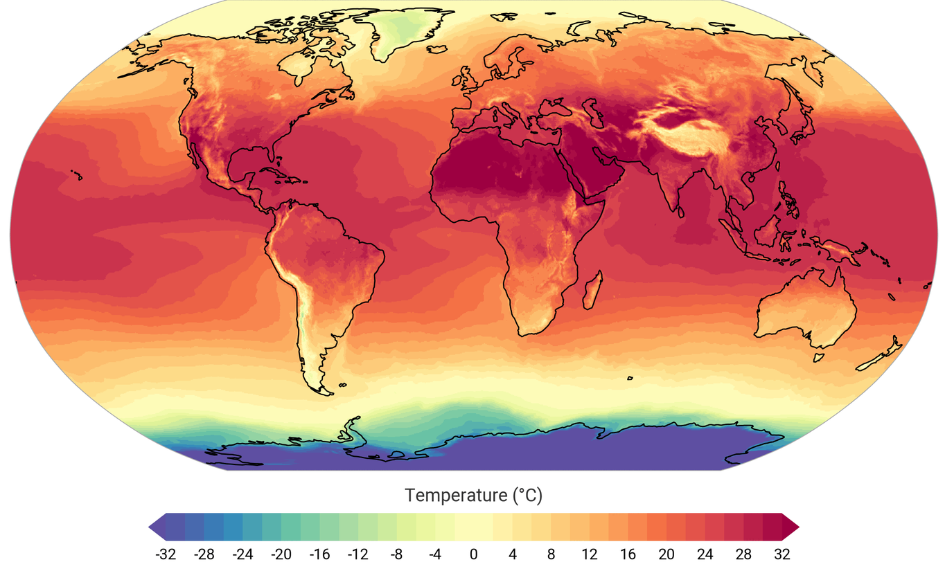 Die weltweite Oberflächentemperaturen im Juli 2025 in absoluten Werten.