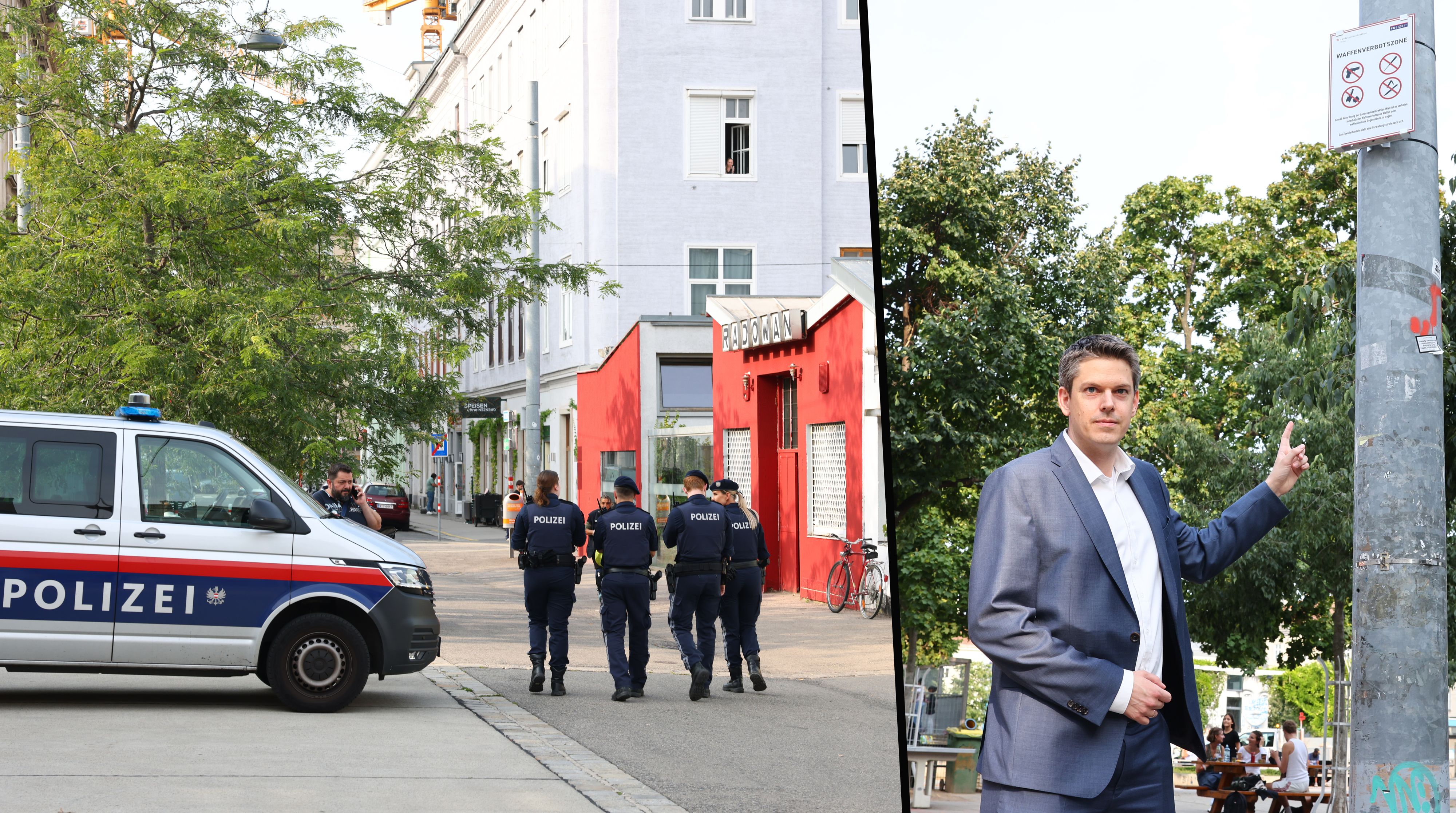 Polizeikontrollen am Yppenplatz: Während die Beamten das neue Waffenverbot überwachen, zeigt ÖVP-Ottakring-Chef Stefan Trittner auf die entsprechende Beschilderung.