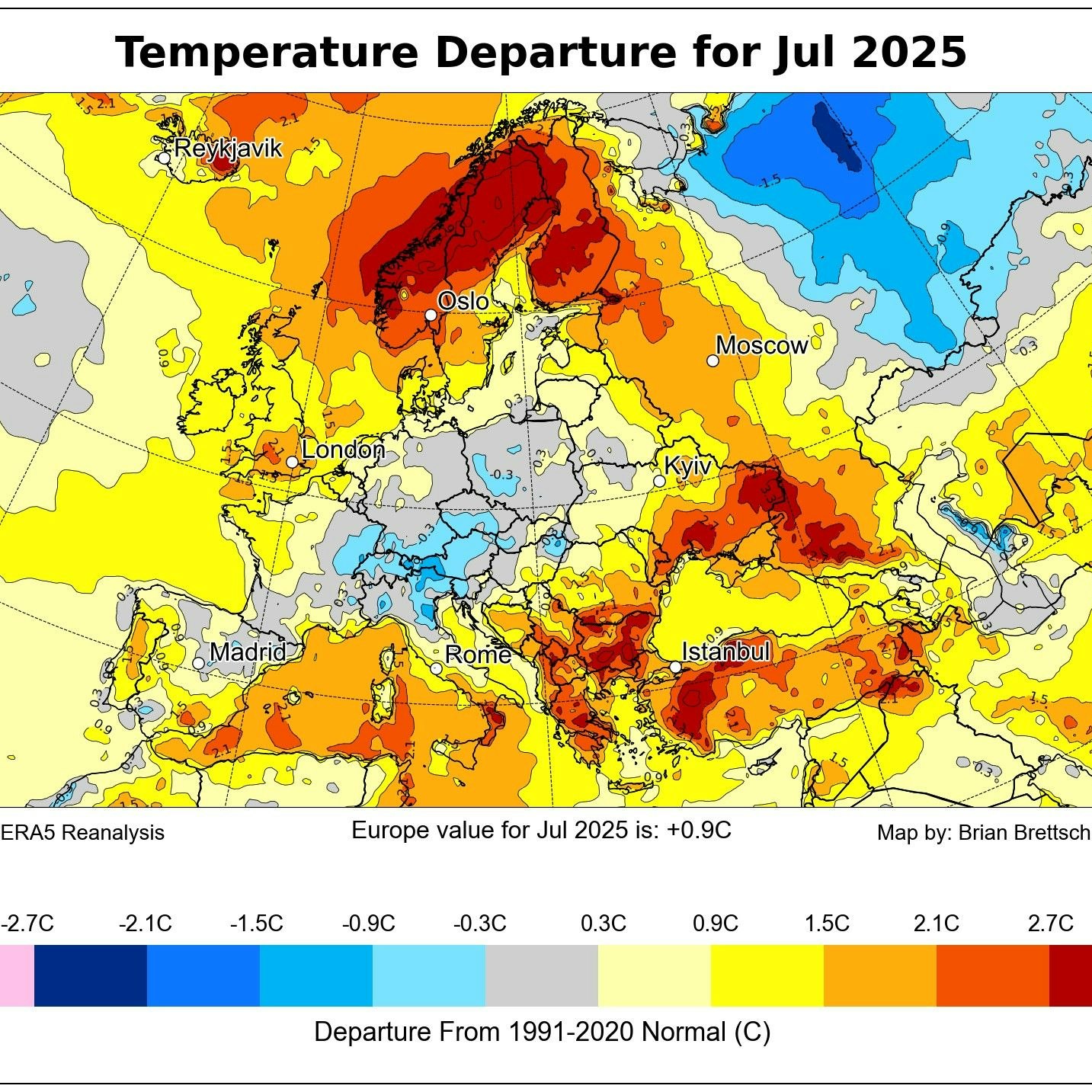 Nikolas Zimmermann: "Im Juli war Tirol das kühlste Pflaster Mitteleuropas 🔵. Der Hotspot lag hingegen in Skandinavien mit unzähligen Rekorden, aber auch in Südosteuropa war es sehr heiß 🔴"