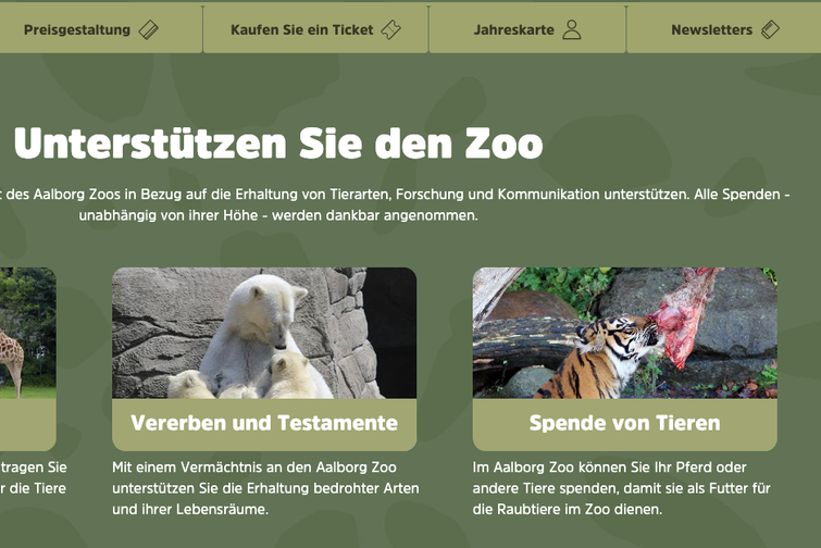 Auf der Homepage des Aalborger Zoos und auf Facebook (unten) wird explizit auf die Spendemöglichkeit von eigenen Tieren hingewiesen
