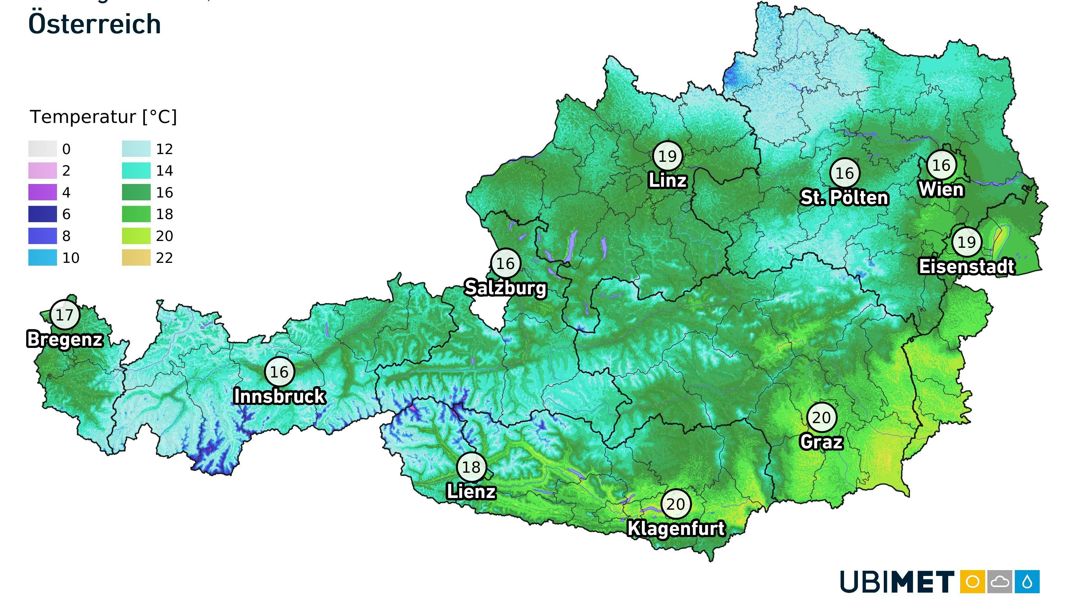 Temperaturminimum in Österreich in der Nacht (0.00-7.40 Uhr) auf den 11. August 2025.