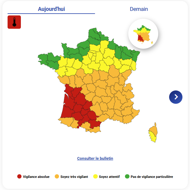 Extreme Temperaturen in Frankreich: Verbreitet gilt am 11. und 12. August 2025 die höchste Hitzewarnstufe.