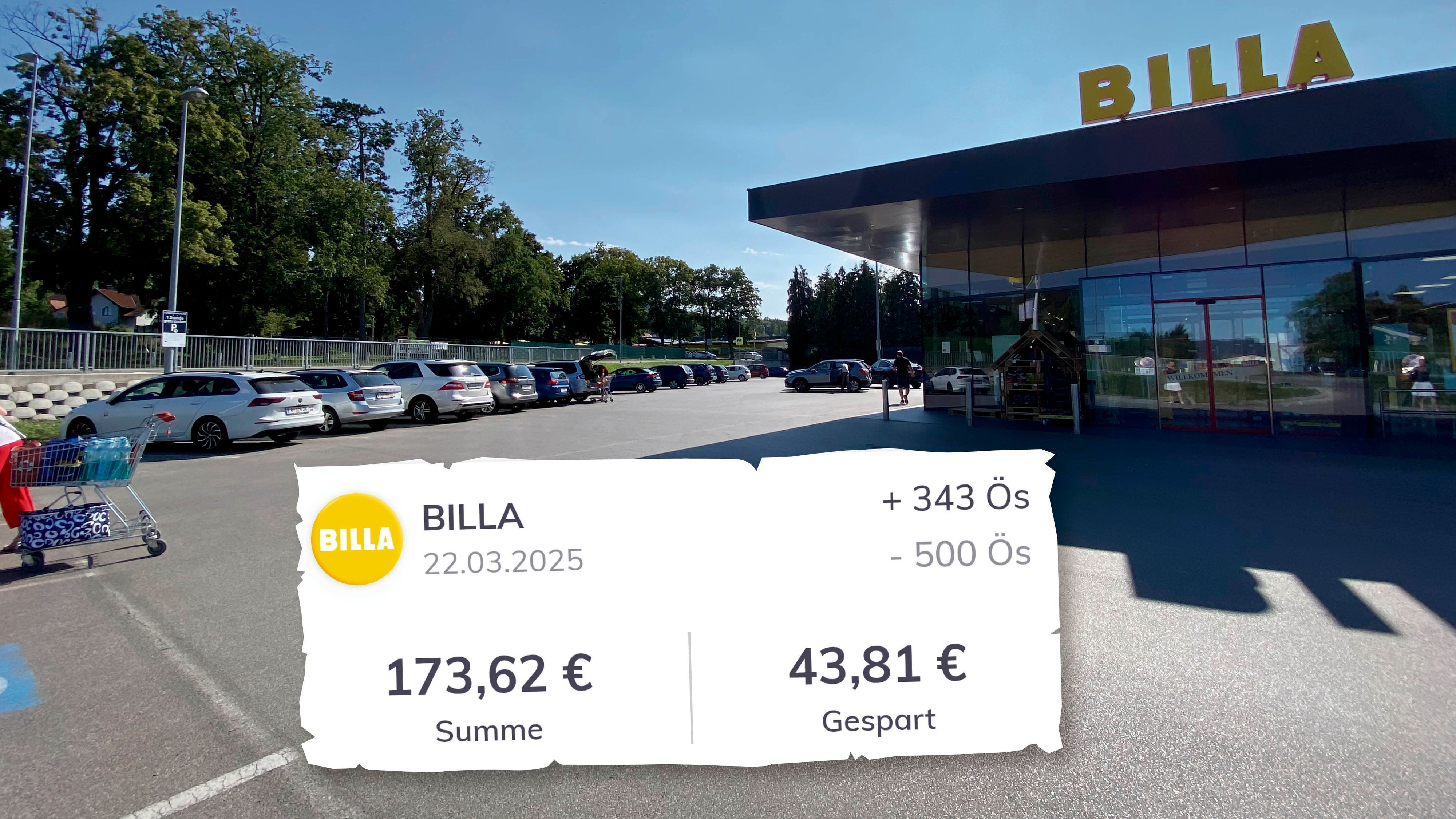 Billa-Kundenparkplatz in Königstetten; Mann kaufte um 173,62 € ein (schaute auch auf günstige Produkte)