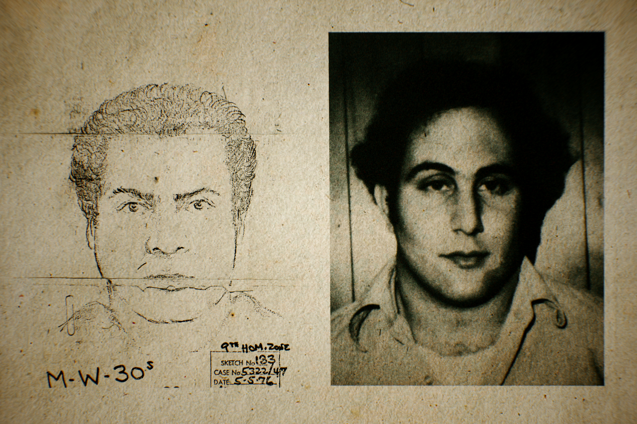 Phantombild des Täters sowie David Berkowitz nach seiner Festnahme im August 1977