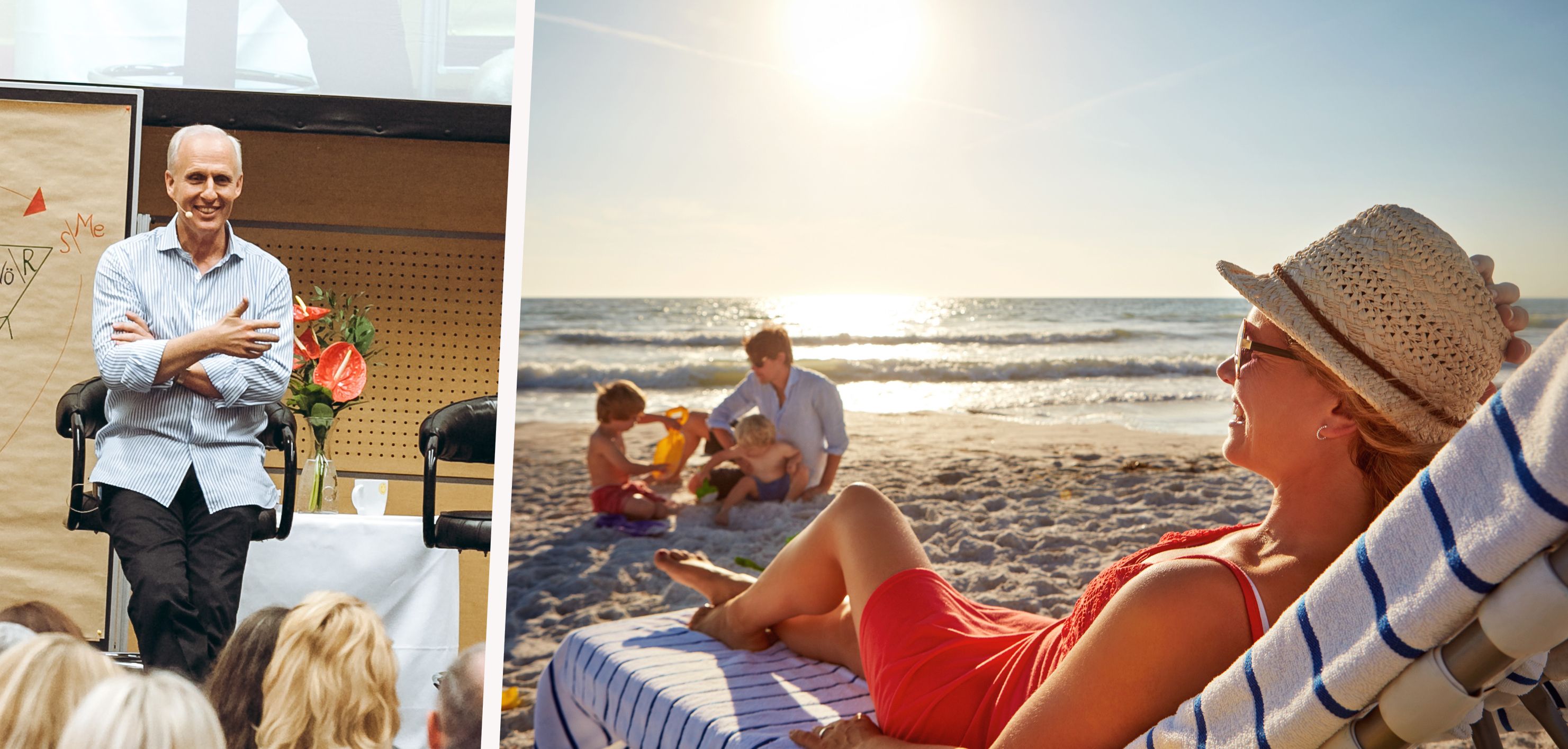 Mentaltrainer Dr. Roman Braun (li.) erklärt, wie man der Urlaubs-Stressfalle entkommt – und am Strand wirklich abschaltet.