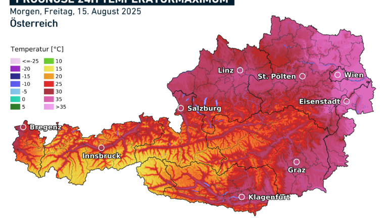 Prognose der Temperatur-Höchstwerte für den Freitag, Mariä Himmelfahrt.