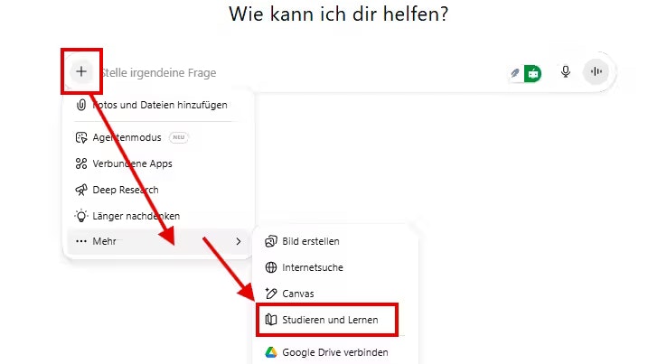 So findest du den Study Mode: Das Plus drücken -> ...Mehr -> Studieren und Lernen