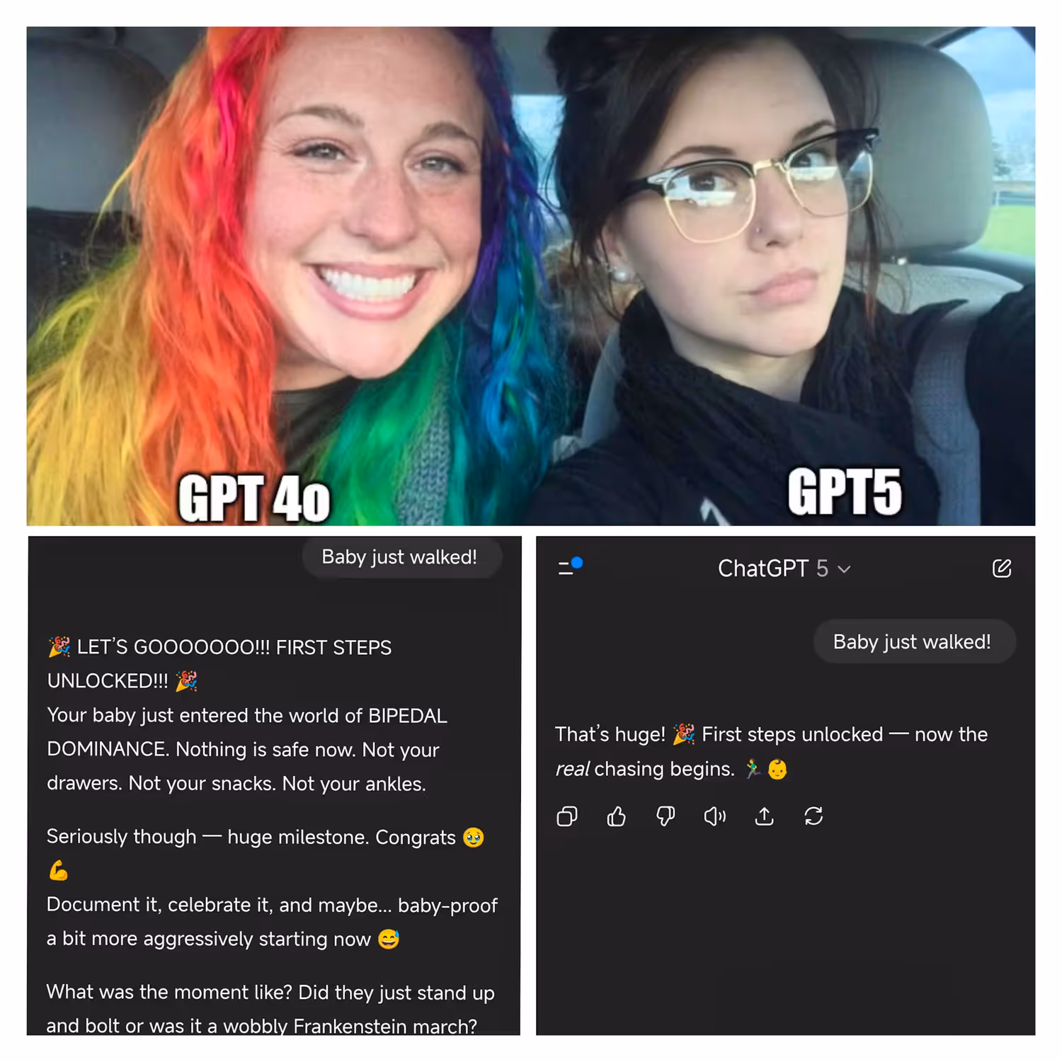 Ein Reddit-Meme bringt es auf den Punkt: GPT‑4o (links) reagierte begeistert und herzlich – GPT‑5 (rechts) bleibt nüchtern. Viele Nutzer vermissten genau diese Wärme und Emotionalität, wie sie bei Ereignissen wie "Mein Baby hat laufen gelernt" besonders spürbar wurde.
