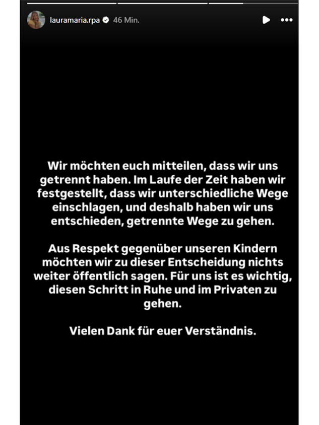 Laura Maria Rypa verkündet die Trennung auf ihrem Instagram.