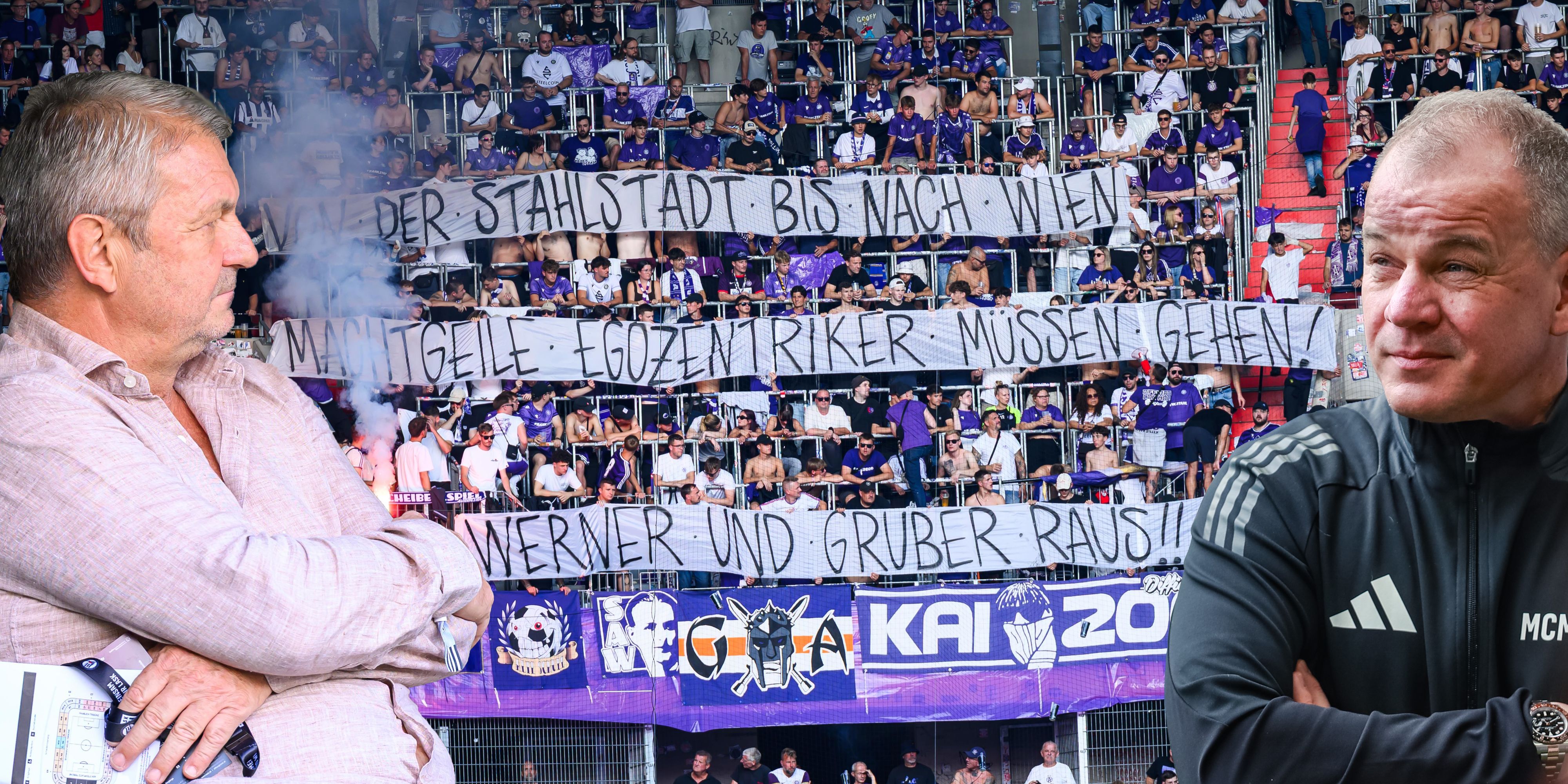 Die Austria-Fans plakatieren gegen Jürgen Werner und Siegmund Gruber.