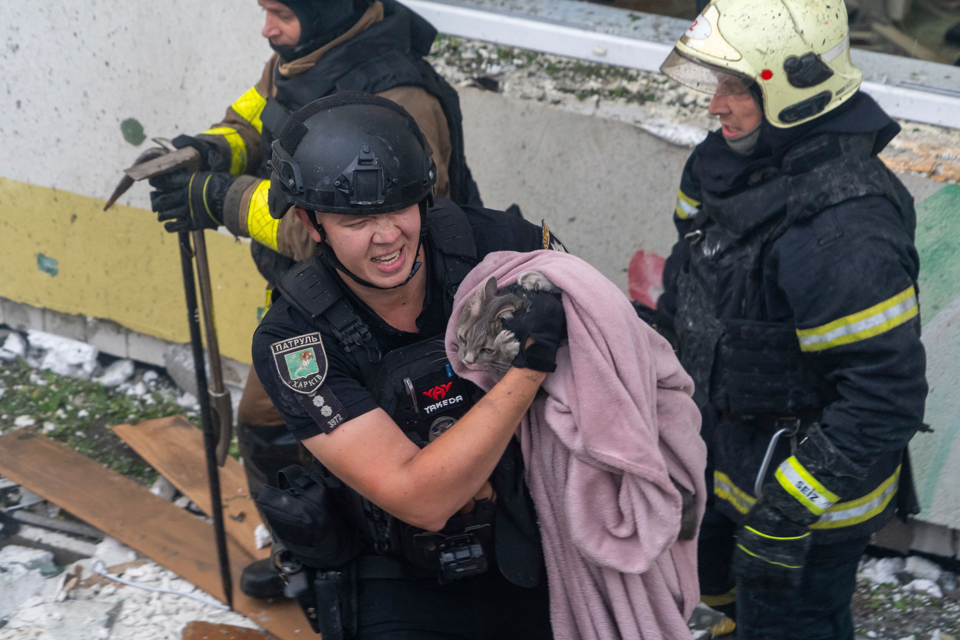 Während Trump und Putin Händchen halten, beschießt Russland die Ukraine weiterhin mit Raketen und Drohnen. Hier bergen Feuerwehrmänner Montag früh Menschen und Haustiere aus einem getroffenen Wohnhaus in Charkiw. Insgesamt starben dabei sieben Menschen