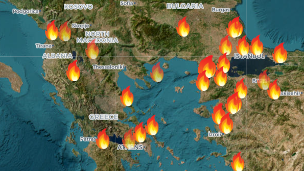Aktuelle Brände in Griechenland und an der türkischen Westküste.