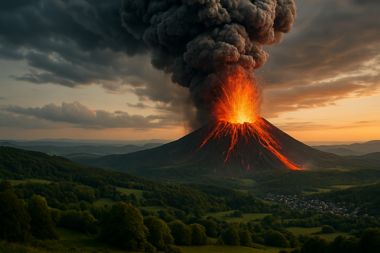Zerstörte Idylle: So stellt sich die KI einen Vulkanausbruch in der deutschen Eifel vor.