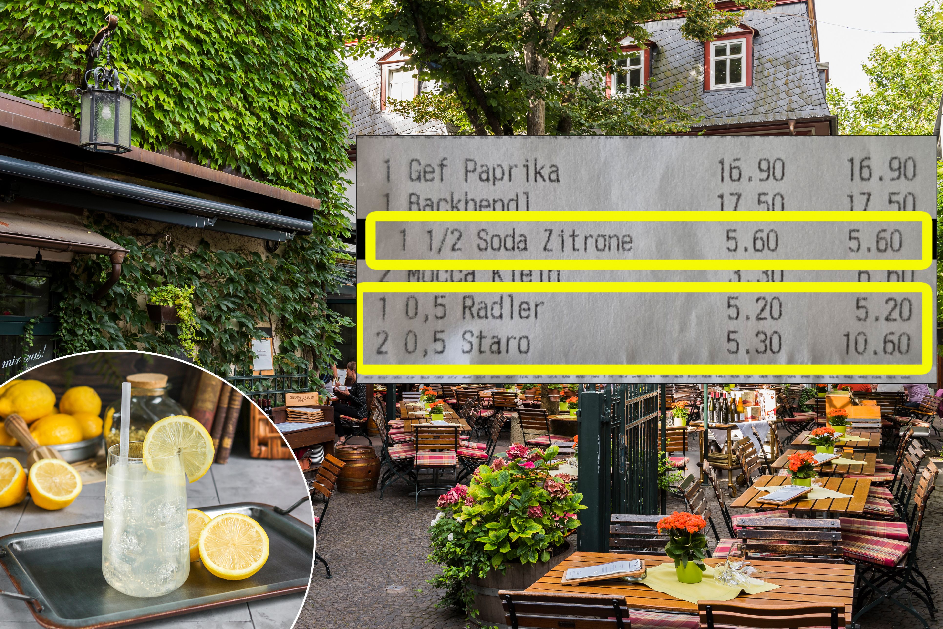 Rechnung sorgt für Kopfschütteln: Ein Soda Zitrone kostet im Burgenland 5,60 Euro – und ist damit teurer als Bier oder Radler.