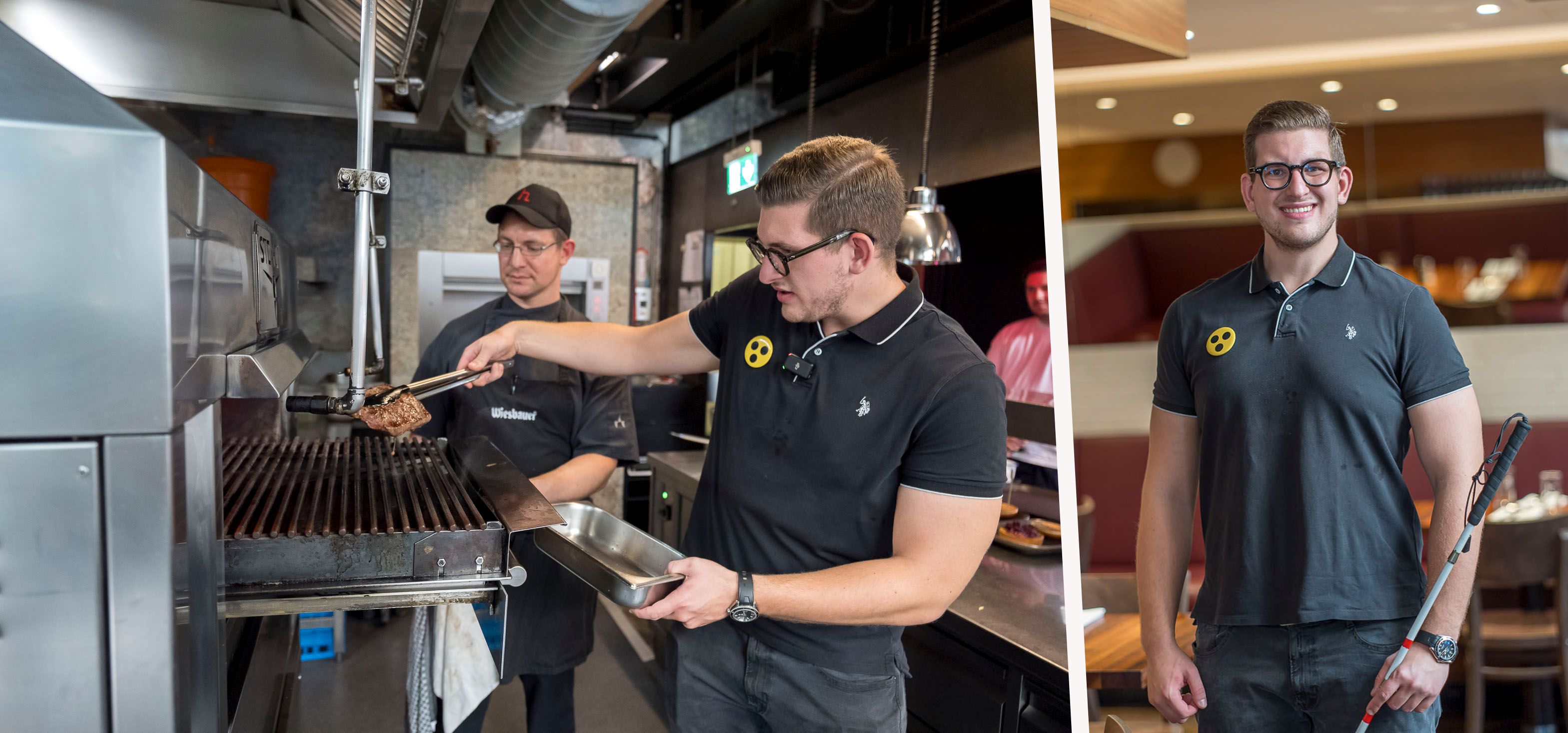 Links am Grill, rechts mit Blindenstock: Moritz Huth (22) ist fast blind – und geht trotzdem voller Leidenschaft seinen Weg in der Gastronomie.