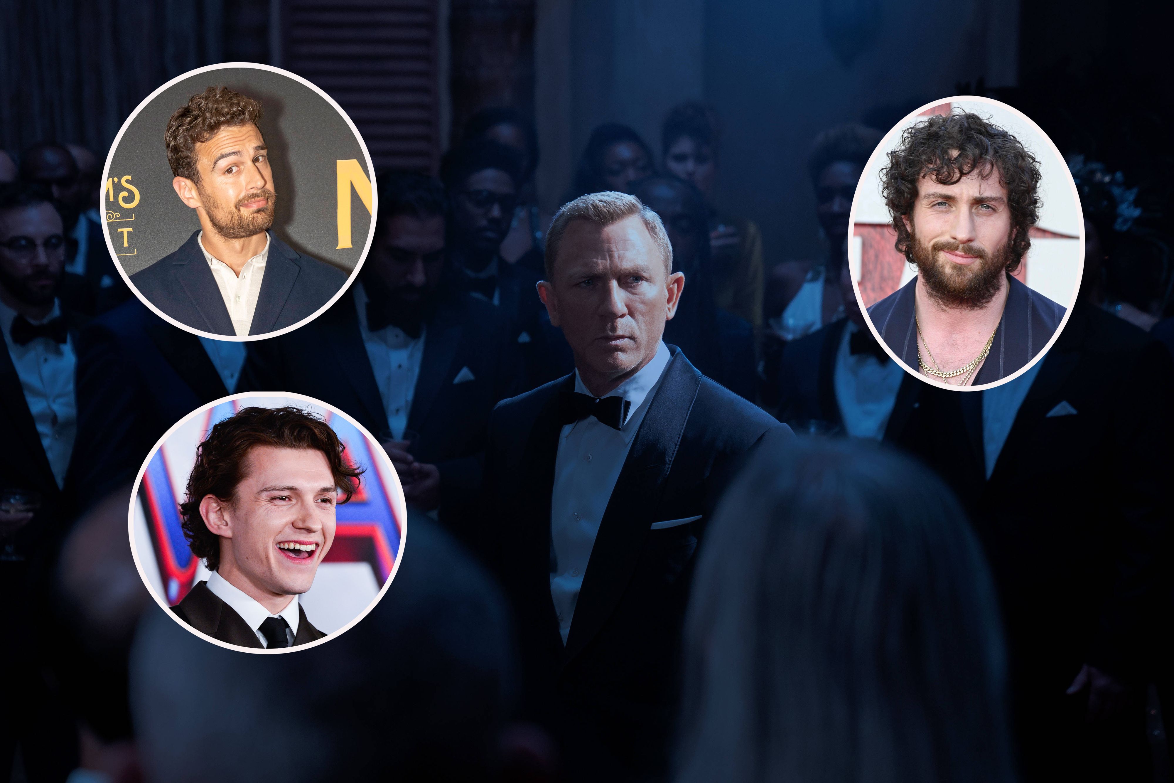 Daniel Craig (M.) hat sein Leinwand-Agentenleben hinter sich gelassen. Theo James (l.o.), Aaron Taylor-Johnson (r.) und Tom Holland (u.) könnten neuer 007 werden.