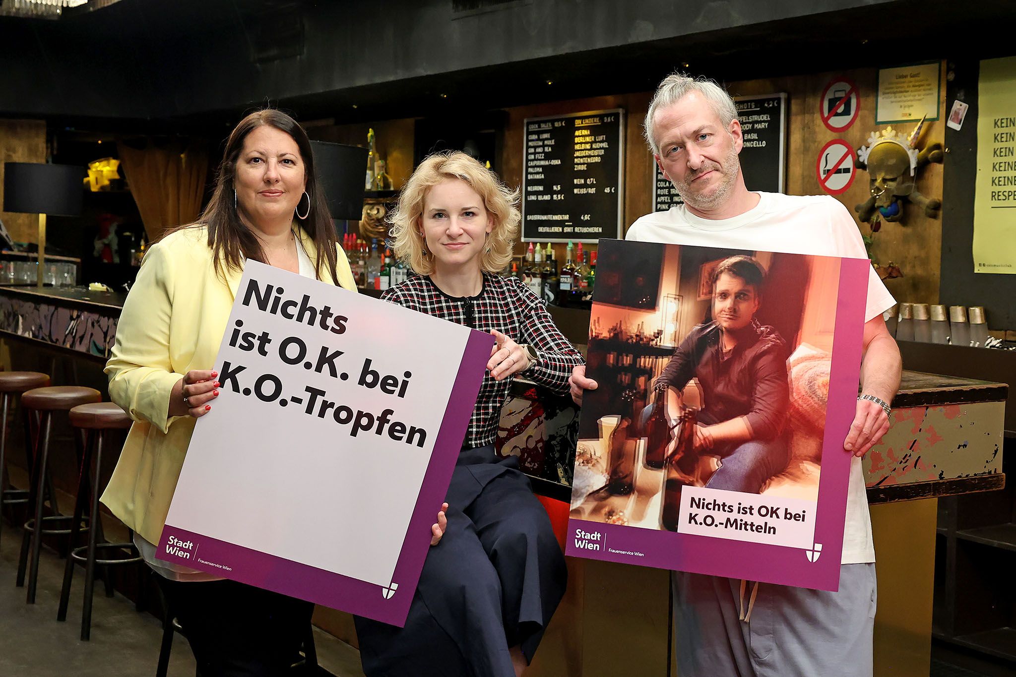 Vizebürgermeisterin und Frauenstadträtin Kathrin Gaál, Frauenministerin Eva-Maria Holzleitner und Geschäftsführer SASS Music Club Sebastian Schatz.