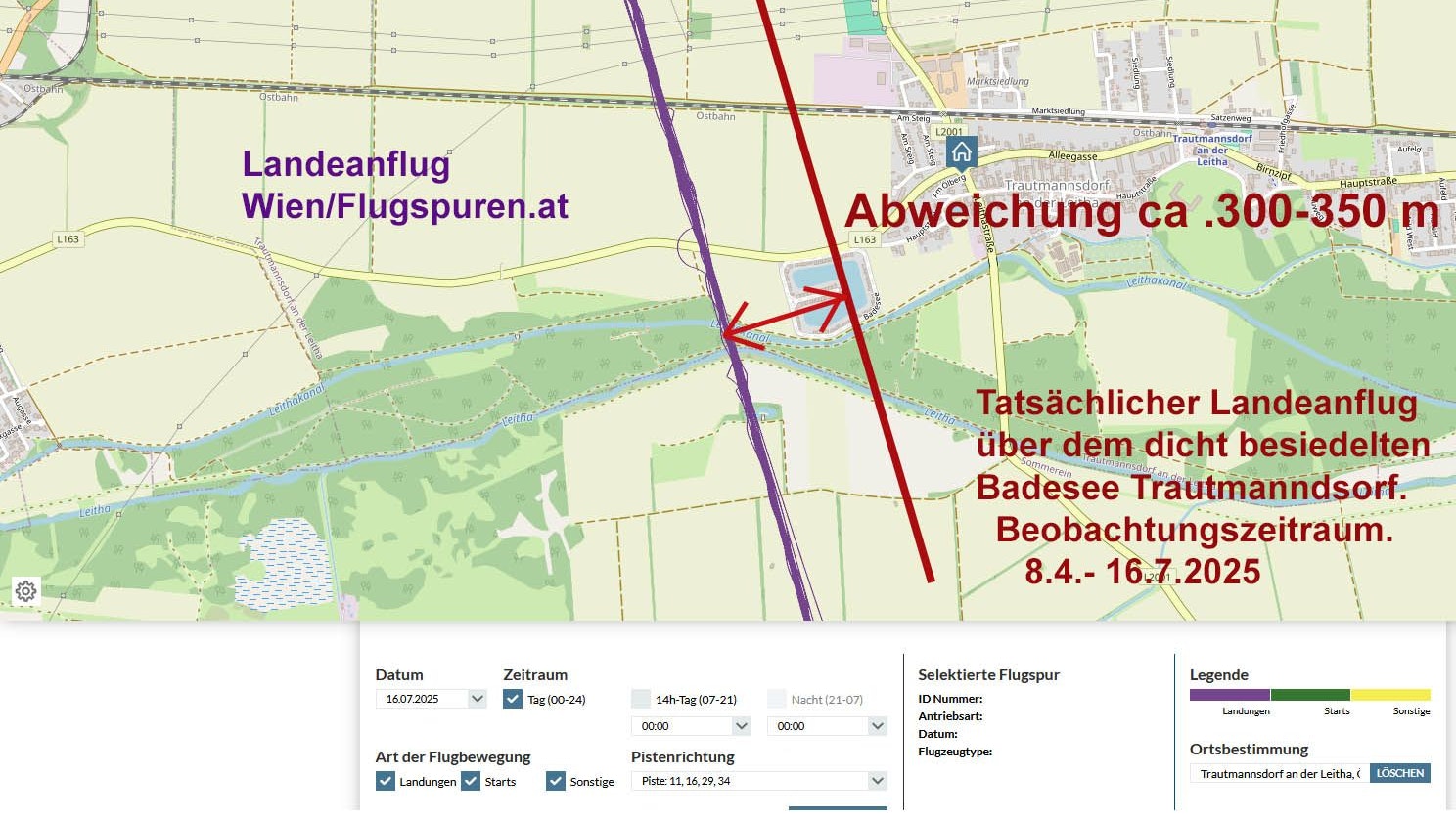 Hier sieht man die Abweichungen der Flugrouten. Rote Linie: Vom Makler beobachtete Route der Flugzeuge. Blaue Linie: Angebliche offizielle Route.