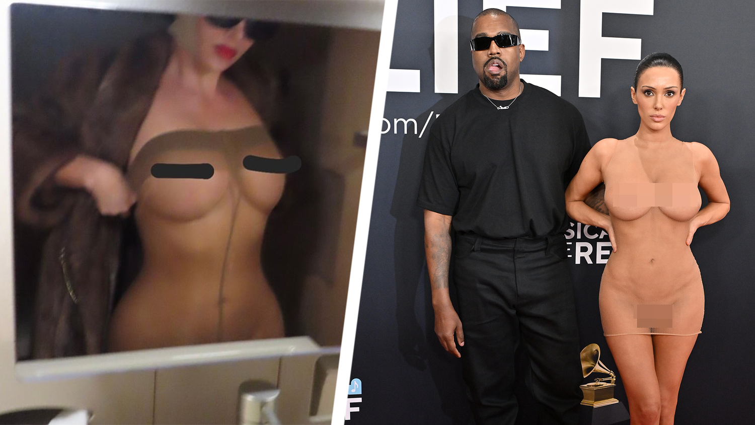 Links: Kim Kardashian im WC ihres Privatjets. Rechts: Kanye West und Bianca Censori bei ihrer Ankunft zu den 67. jährlichen Grammy Awards am Sonntag, den 2. Februar 2025.