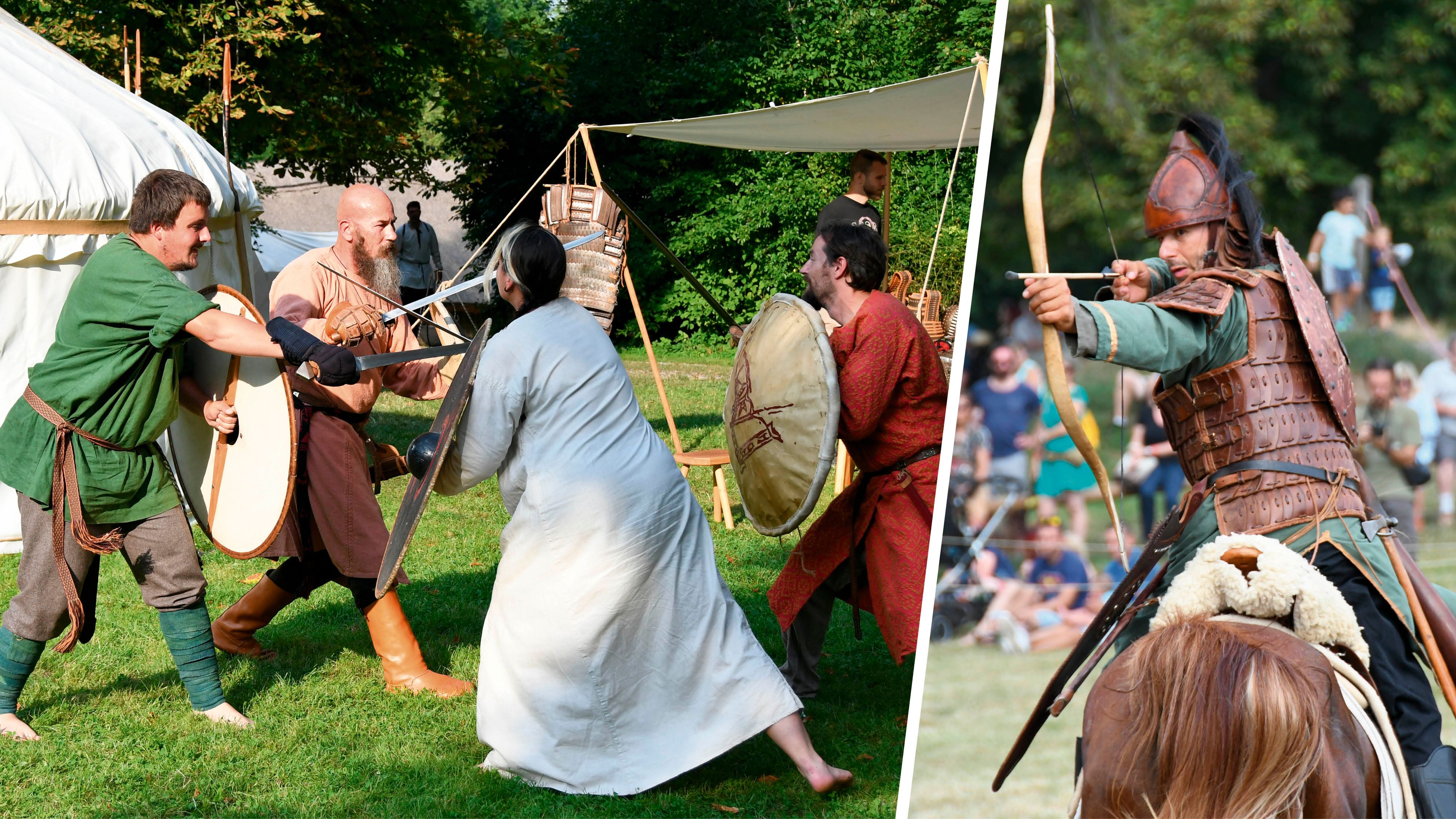 Das Hunnenfest bietet zahlreiche Shows: links ist der Schaukampf, rechts die Reitershow.