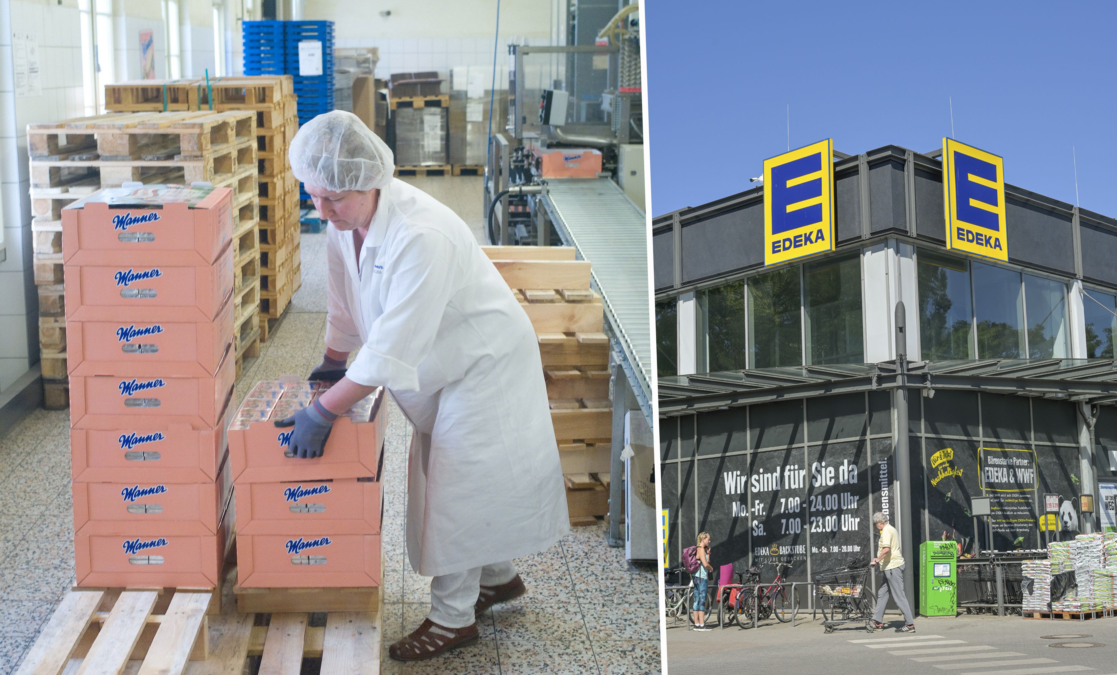 Links stapeln sich Manner-Waffeln in Wien, rechts verkauft Edeka sie in Deutschland deutlich billiger.