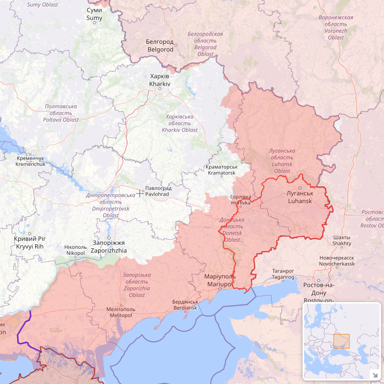 Putin verlangt von der Ukraine, die gesamten Regionen Donezk und Luhansk aufzugeben. (roter Rahmen: die Separatisten-"Volksrepubliken" Donezk und Luhansk; rote Fläche: aktuell russisch besetzte Ukraine)